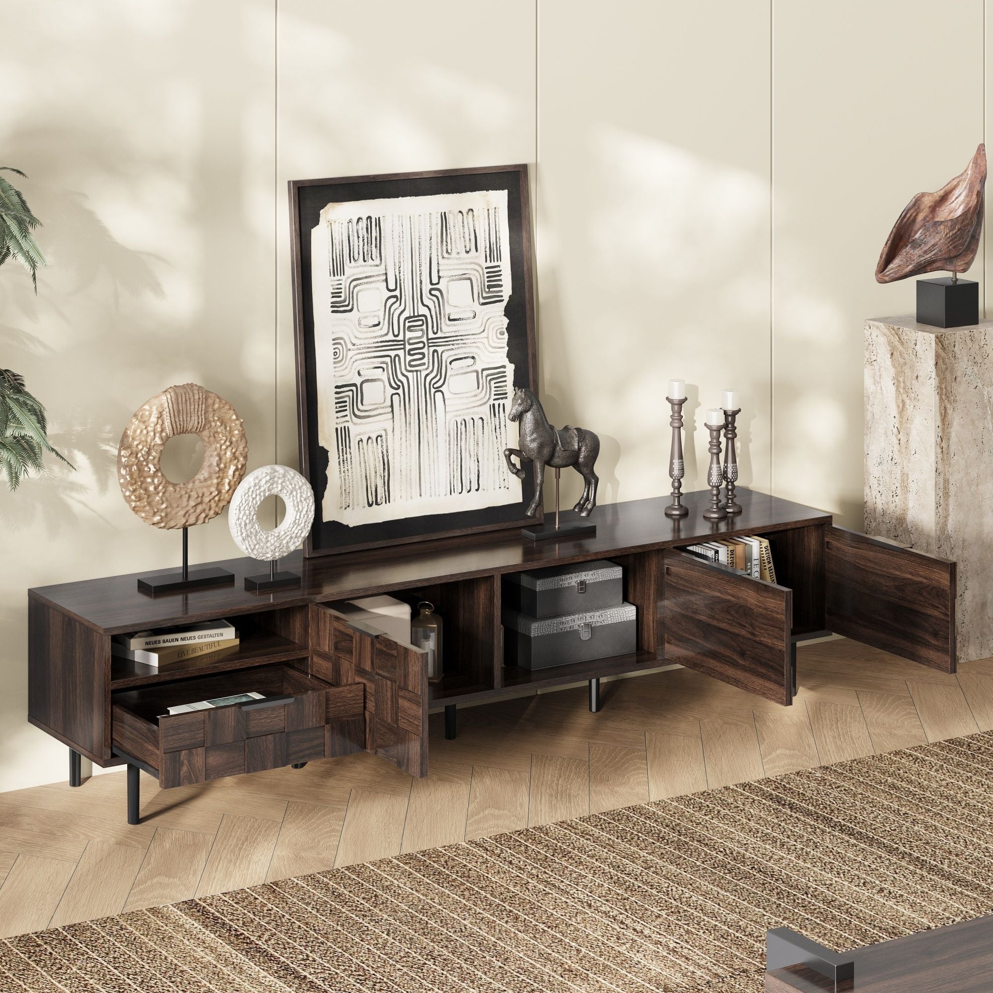 78" TV Stand With Storage Cabinets For Living Room - Walnut