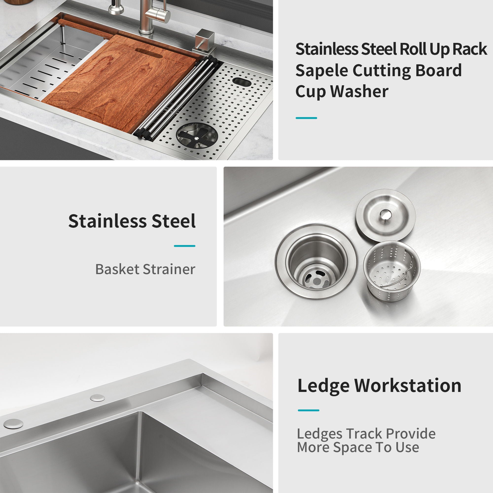 Single Bowl Workstation Kitchen Sink With Cup Washer 16 Gauge Stainless Steel - Black / Gray