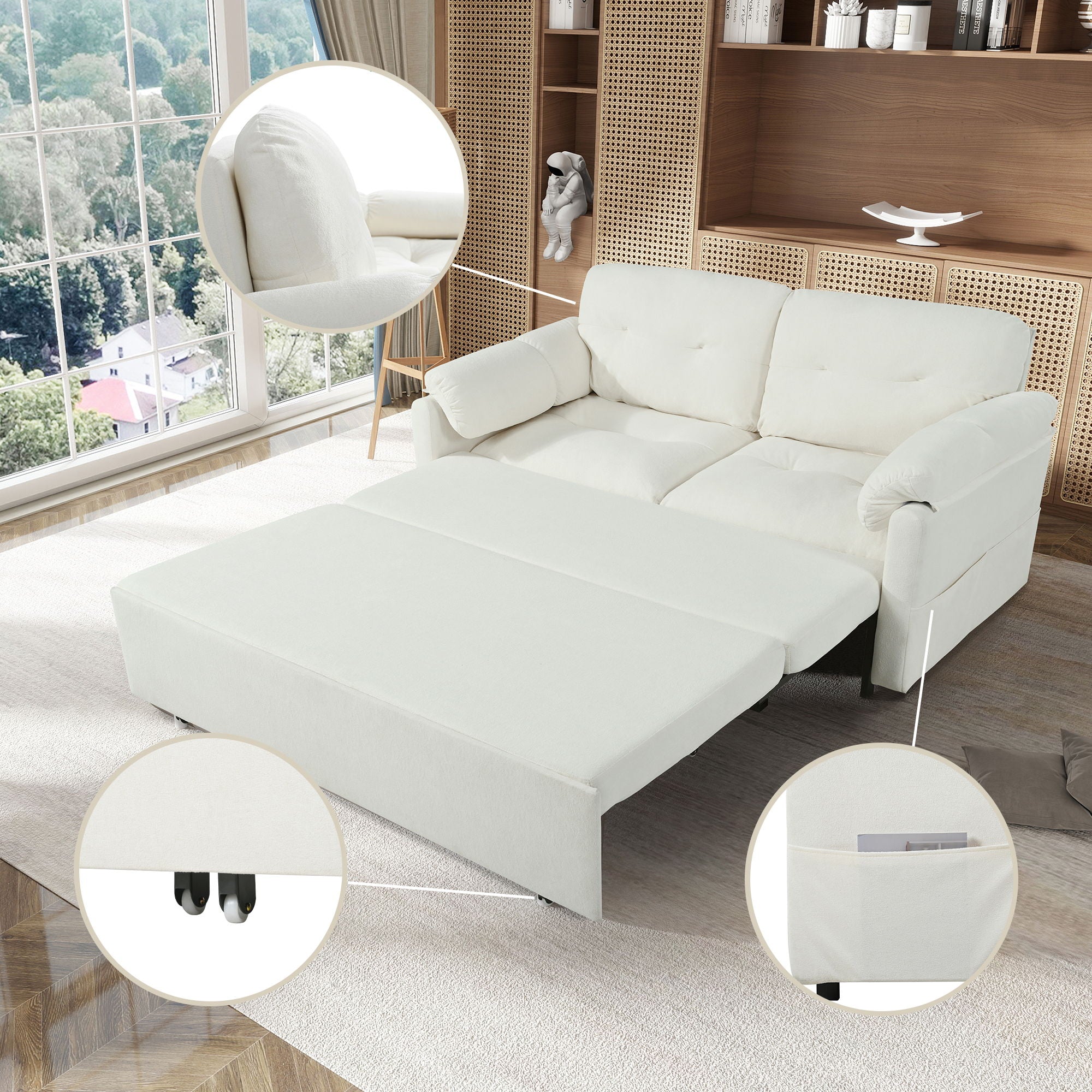 Convertible Pull Out Sofa Bed Queen Size, 3 In 1 With Side Storage