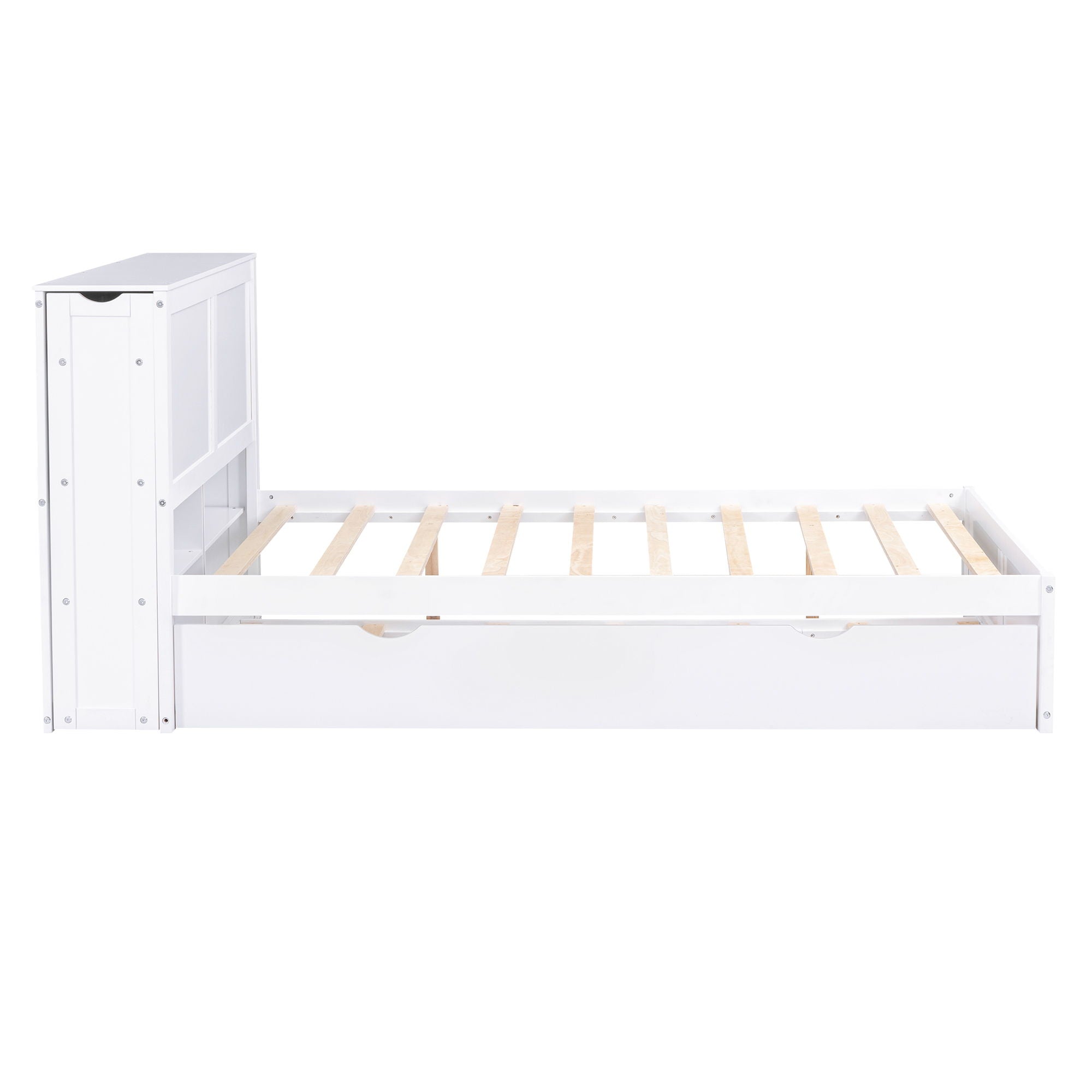 Storage Platform Bed With Pull Out Shelves And Trundle
