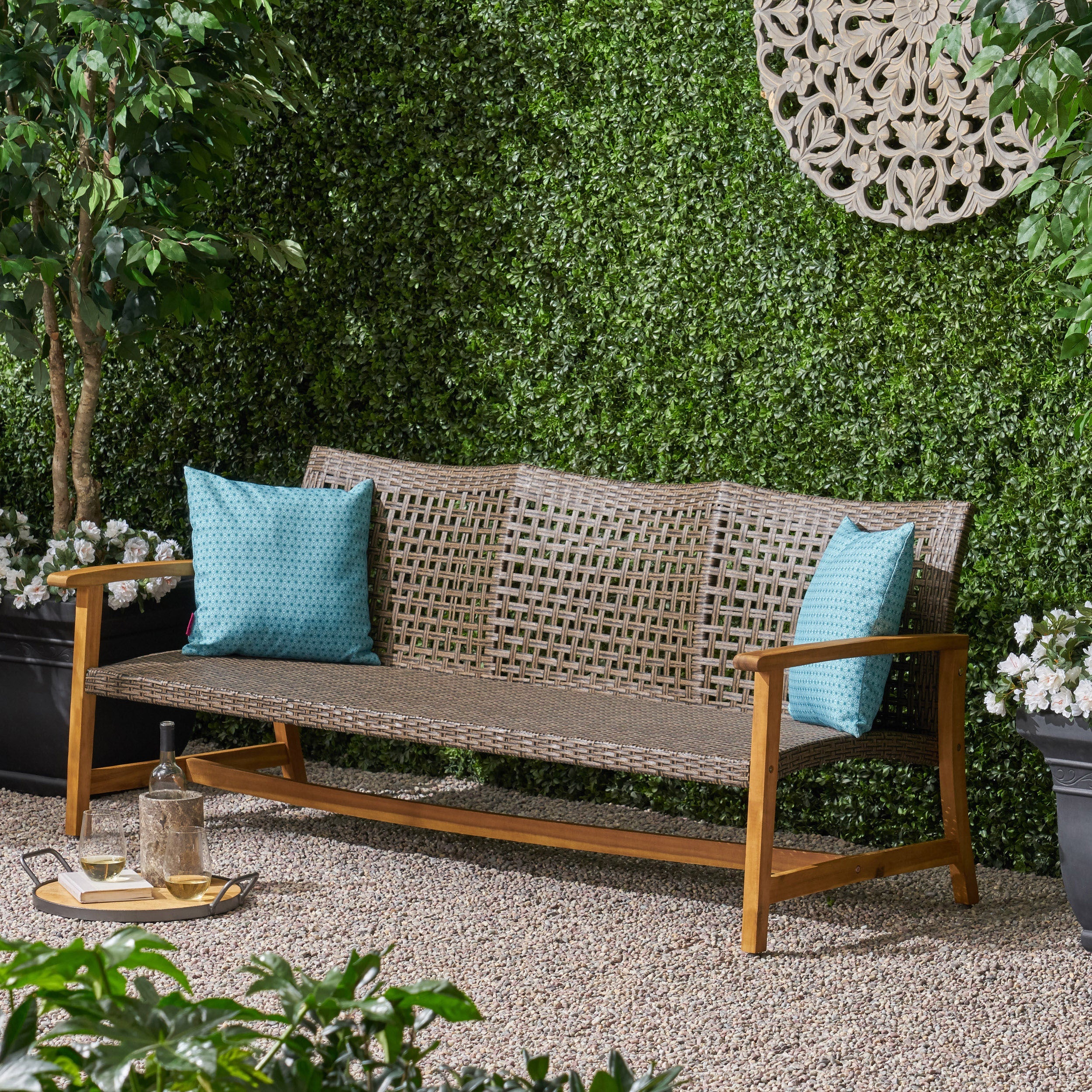 Handwoven Wicker and Acacia Outdoor Sofa