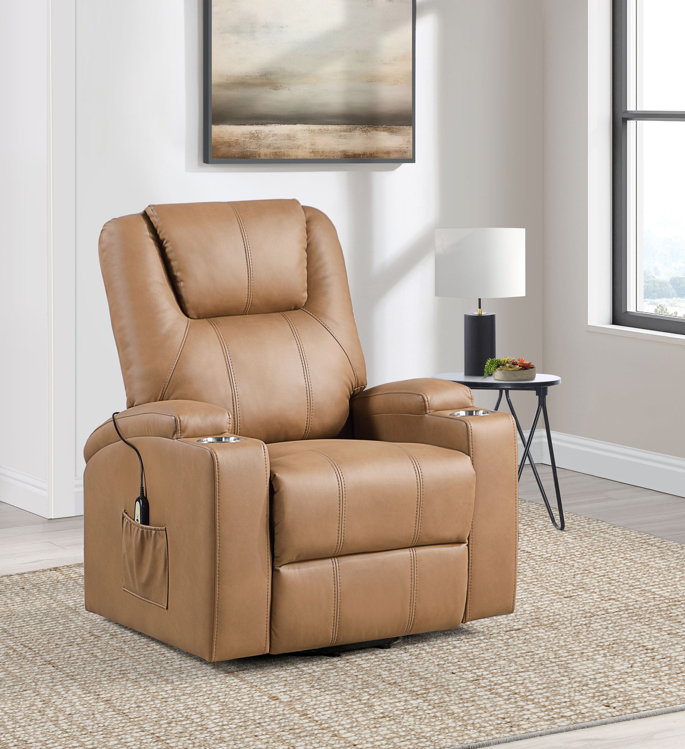 Armstrong Upholstered Power Lift Massage Recliner Camel-