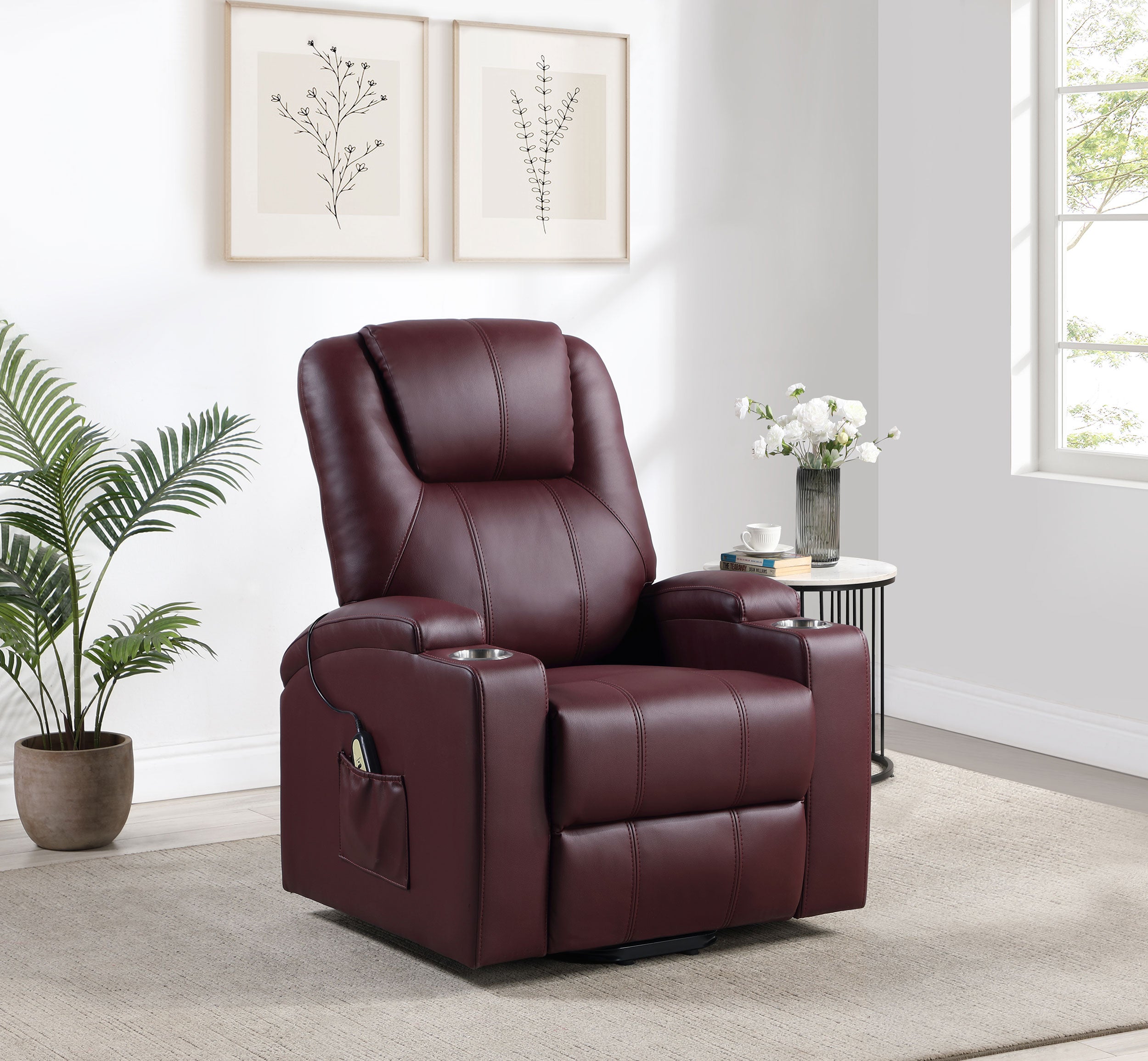 Armstrong Upholstered Power Lift Massage Recliner Wine-