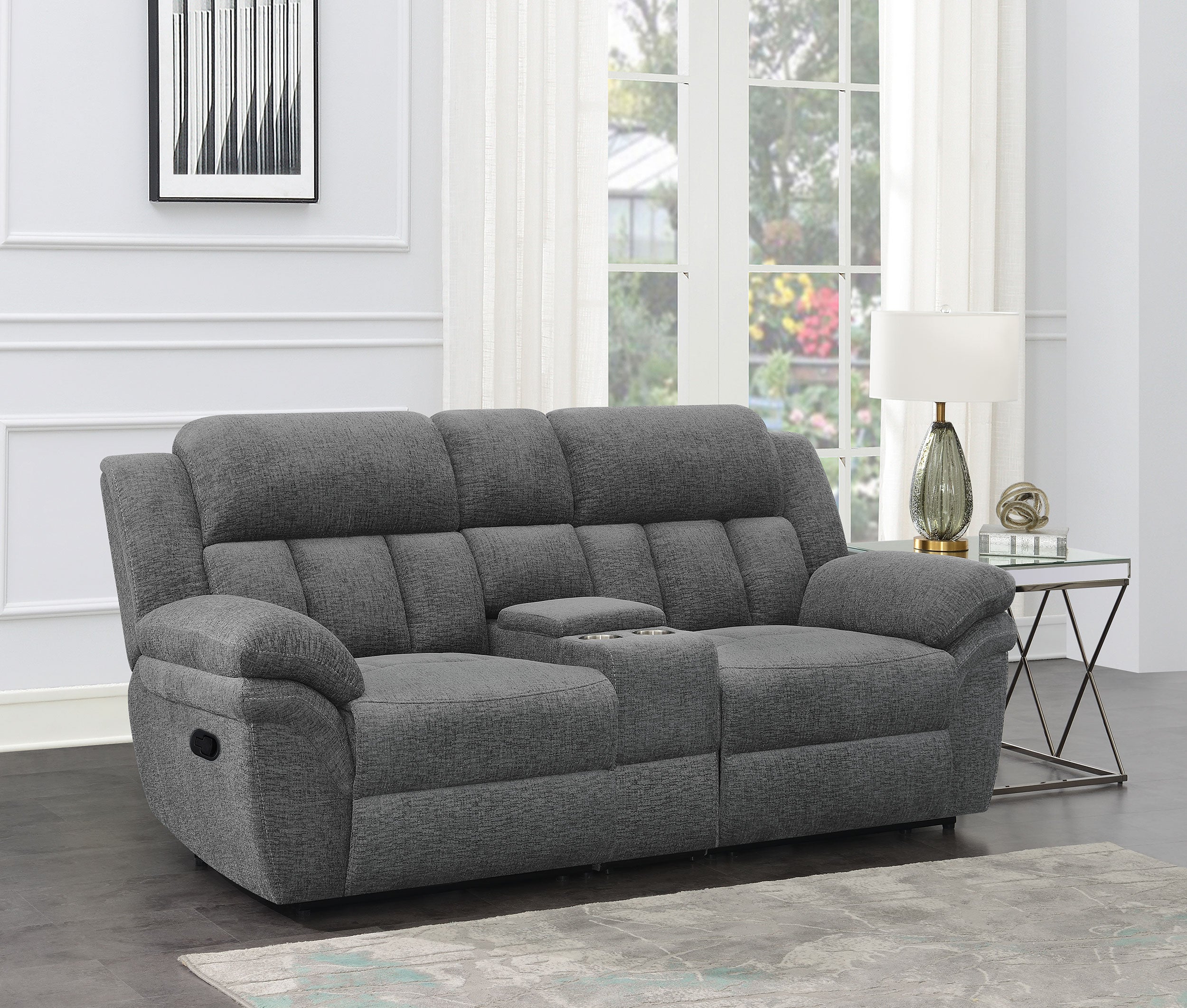Bahrain Upholstered Motion Loveseat Charcoal-CoasterEssence