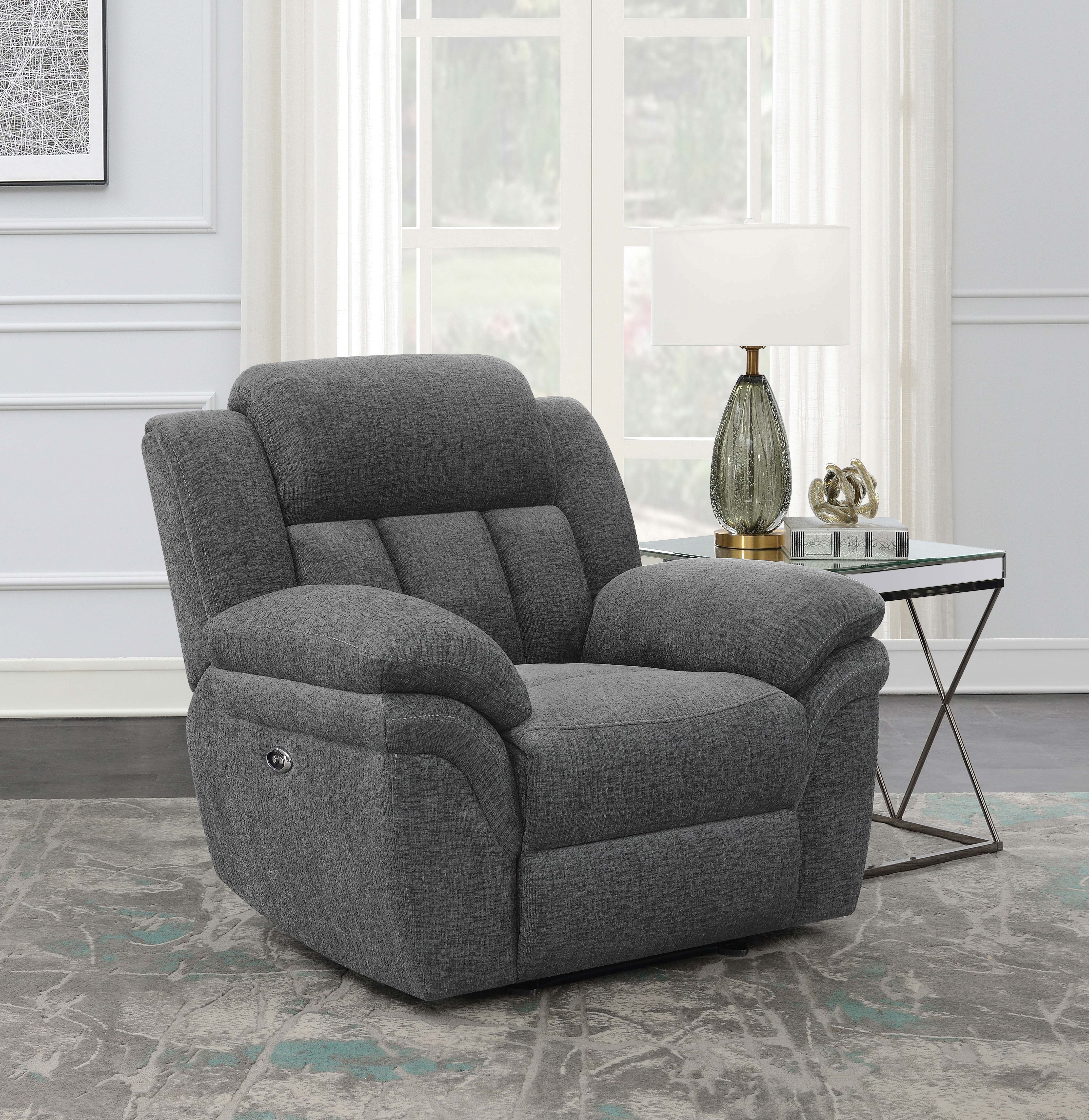 Bahrain Upholstered Power Glider Recliner Charcoal-CoasterEssence