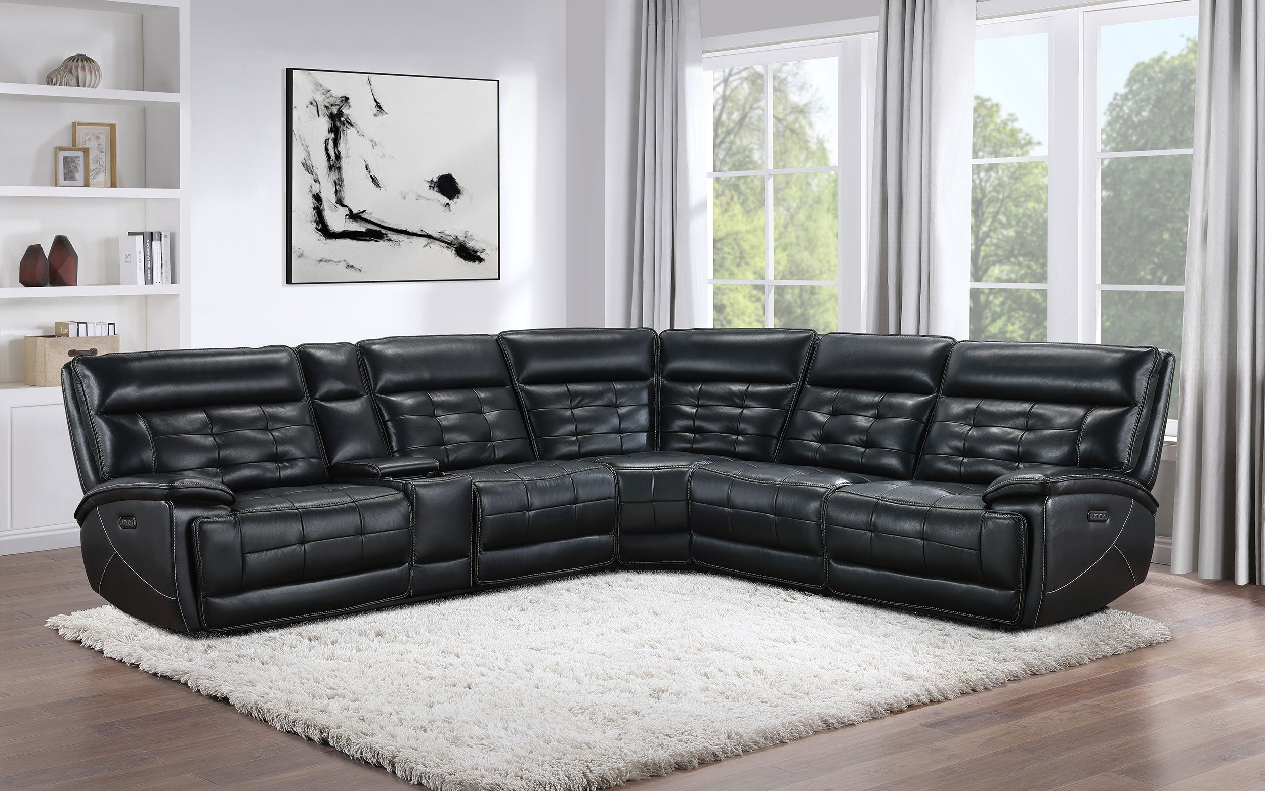 Hewitt Leather Dual Power Reclining Sectional Sofa Black-
