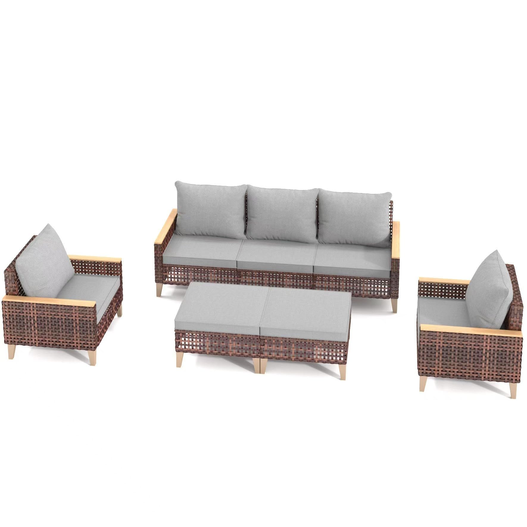 5 Piece Rattan Terrace Furniture Set, 7 Seats Cushions, High Footed Design