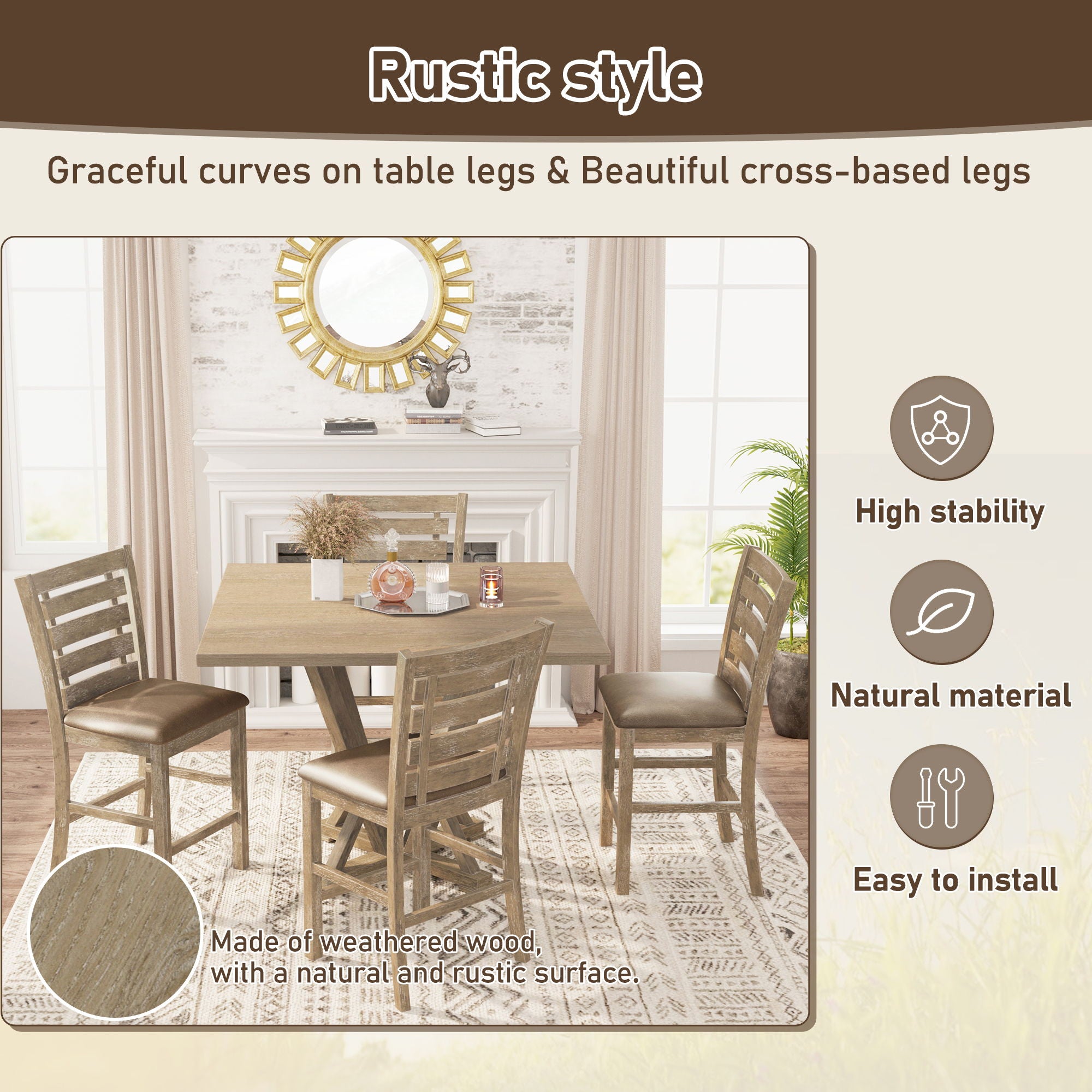 5 Pieces Set Counter Table Set Square Counter Table Solid Wood Modern Farmhouse Rustic Look Distressed Look - Grayish Brown