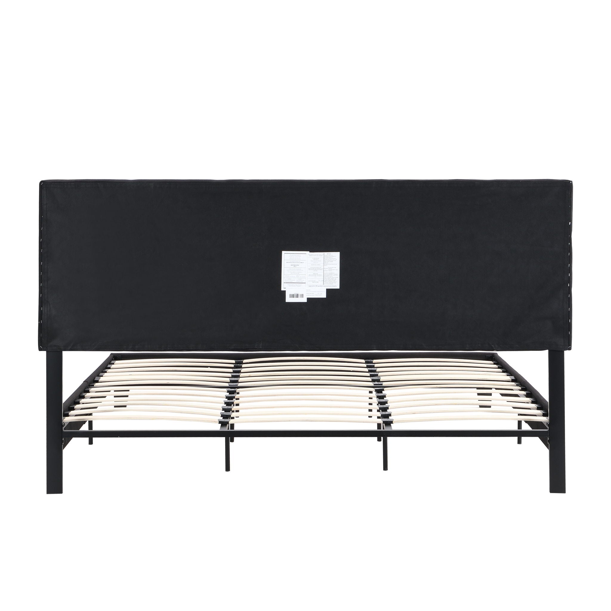 King Size Upholstered Platform Bed Frame With Linen Fabric Headboard, Wood Slat Support - Black