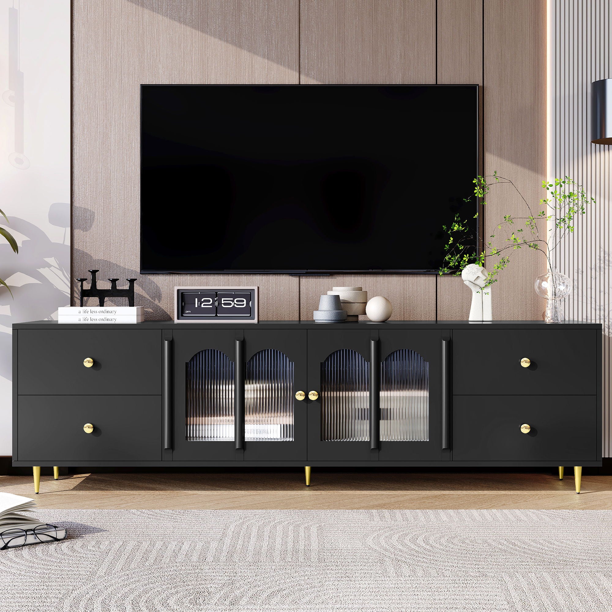 Modern TV Stand With Glass Door, 4 Drawers And 2 Cabinets