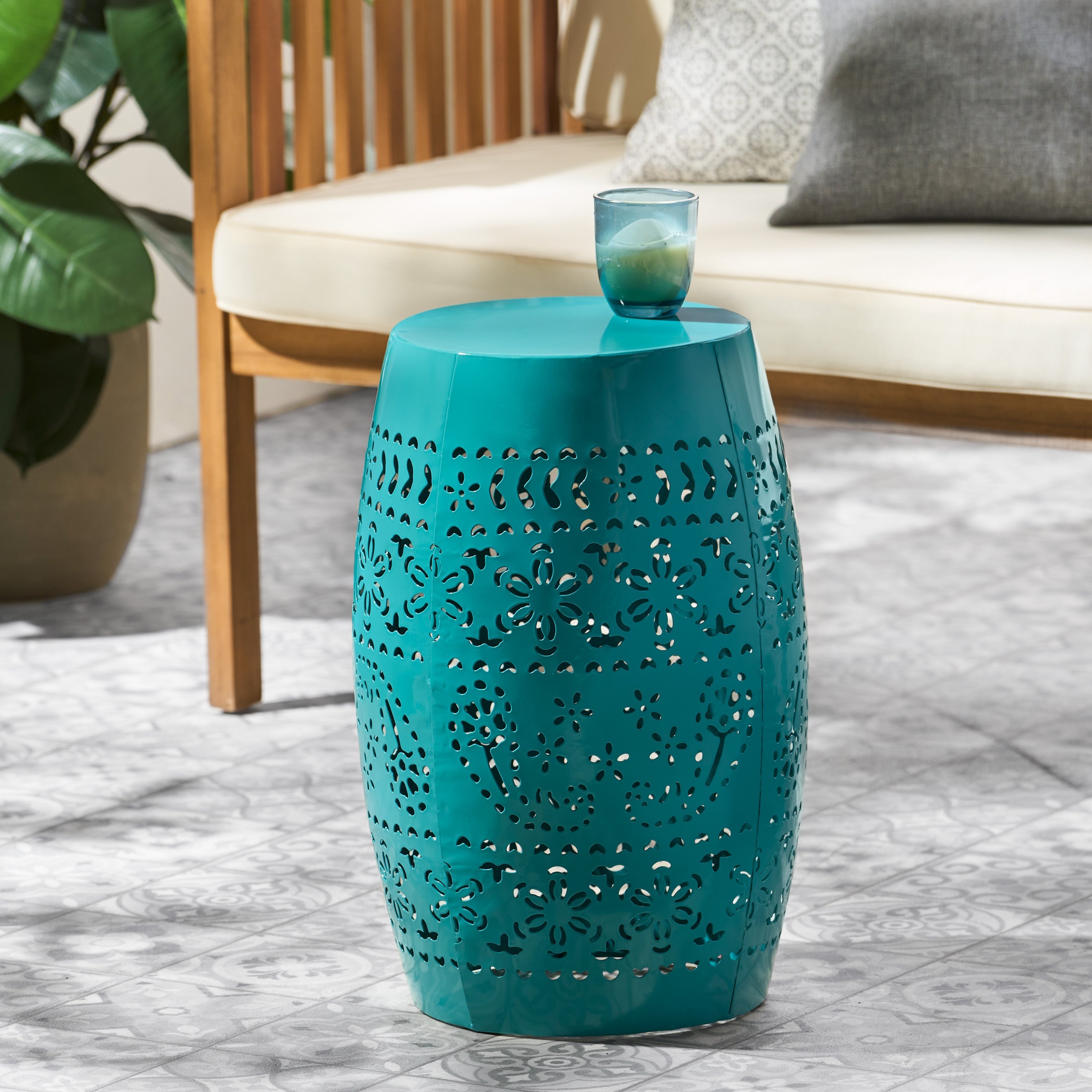 12' Outdoor Lace-Cut Side Table, Teal