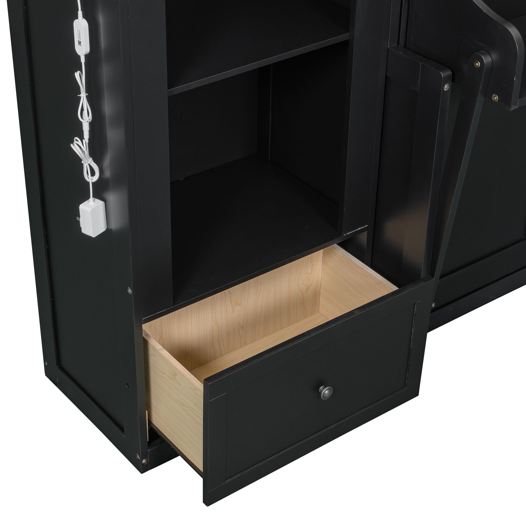 French Style Murphy Platform Bed With Shelf, Side Cabinets, Drawers And LED