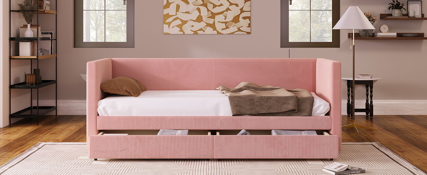 Corduroy Daybed With Two Drawers And Wood Slat