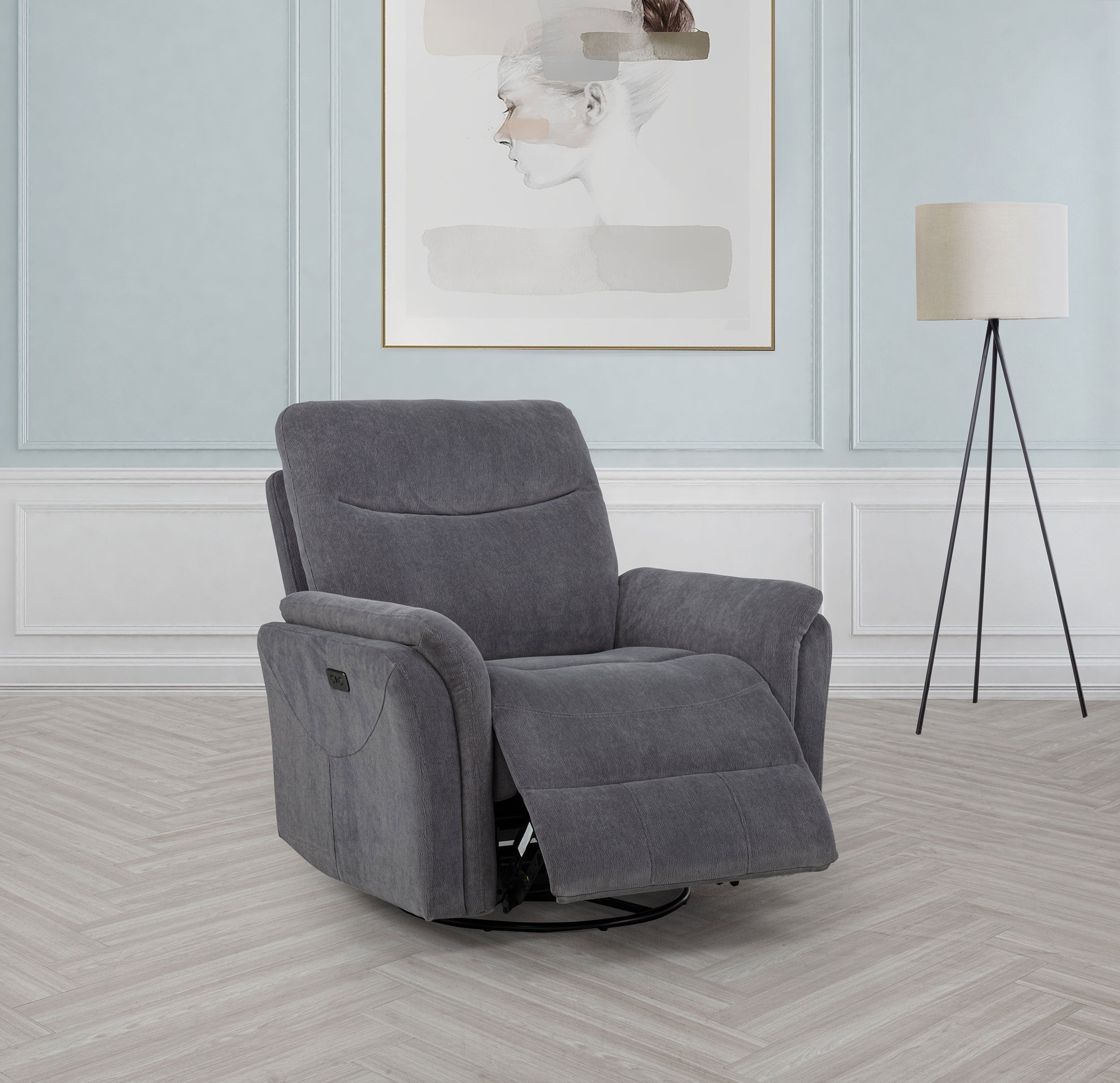 Adler Upholstered Power Swivel Glider Recliner Charcoal Grey-