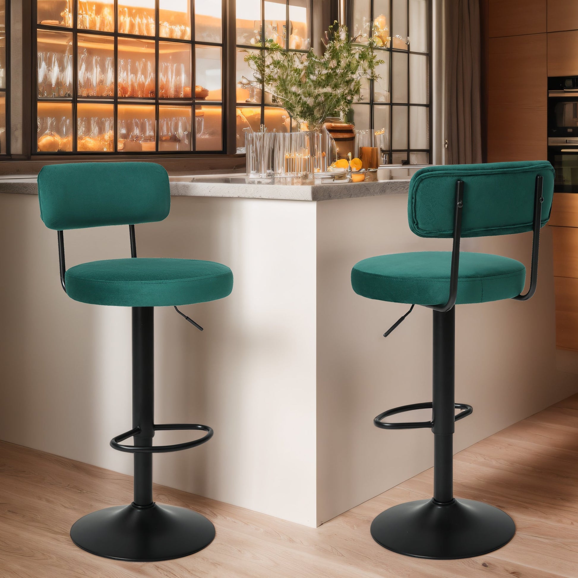 Set of 2 Adjustable Velvet Bar Stools with Curved Backrest & Swivel - Best Buy Furniture