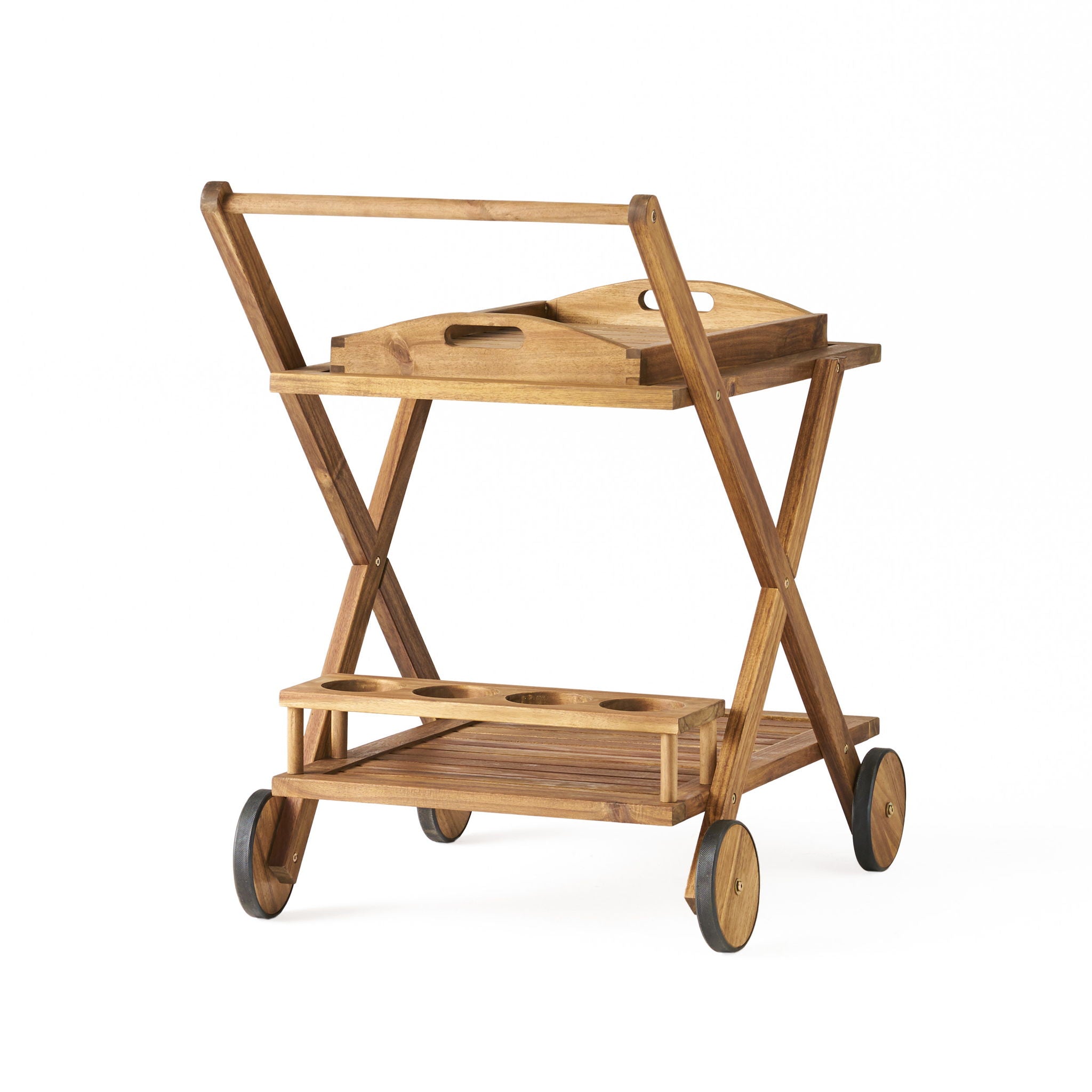 Riviera Bar Cart Stained Mobile With Wheels For Entertaining - Natural Stained