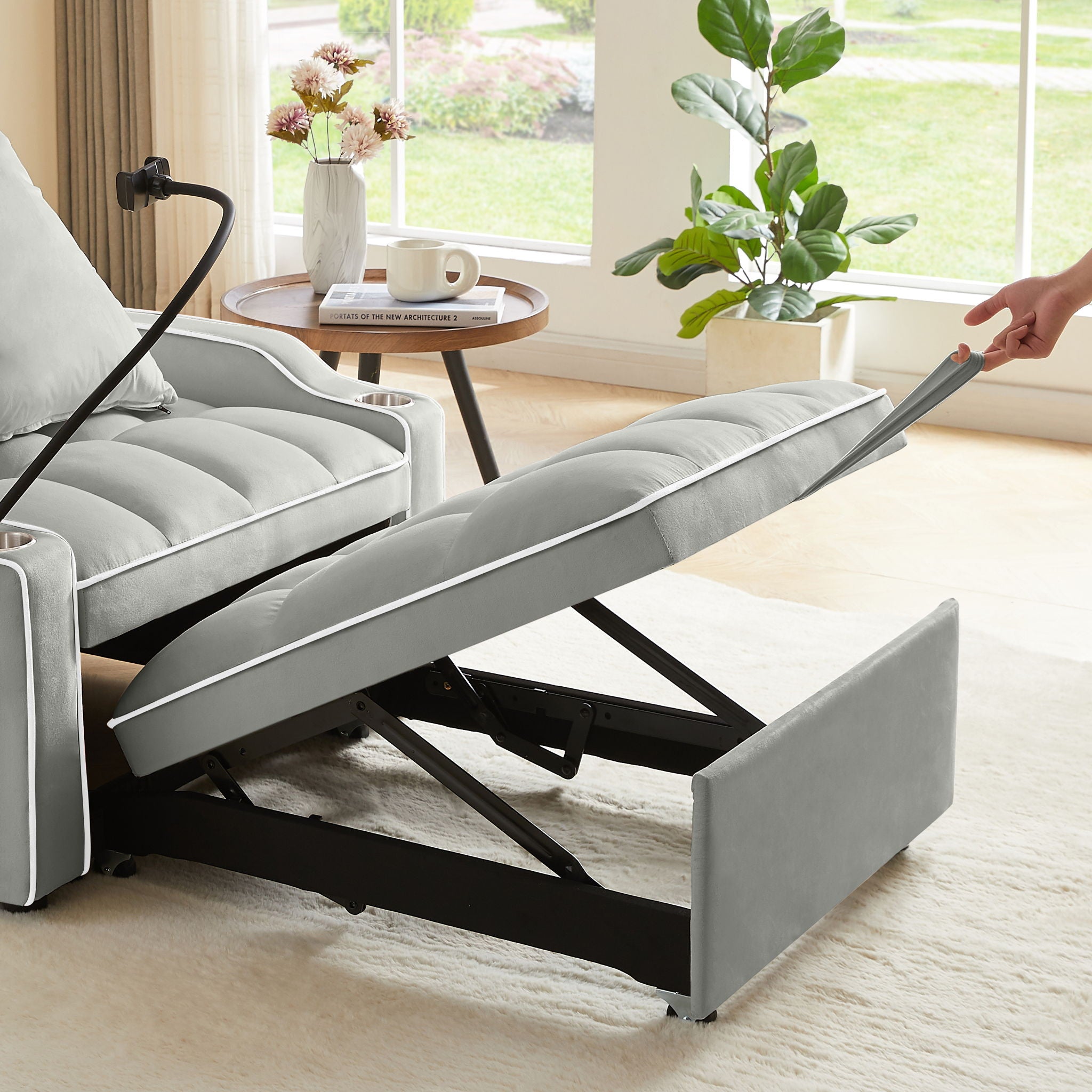 Convertible Velvet 3 In 1 Sofa Bed With Adjustable Sleeper Chair And Multi Pockets