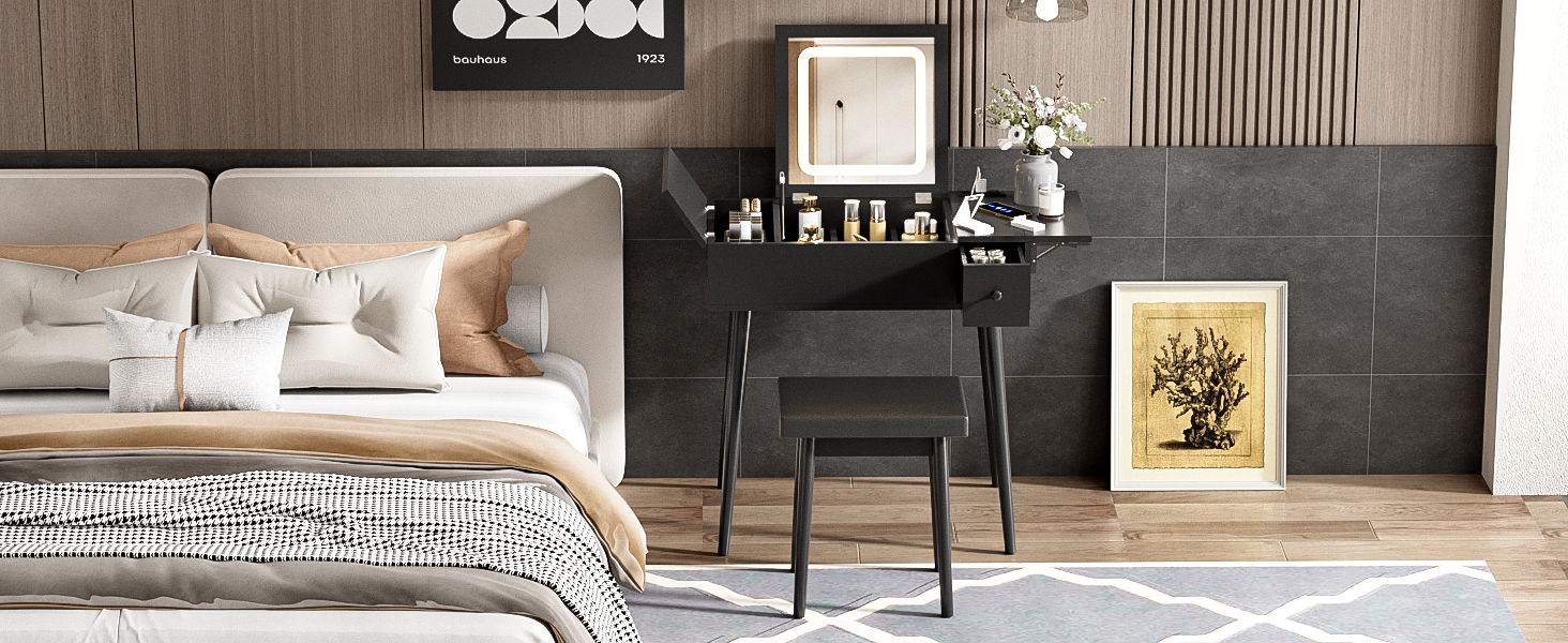 Makeup Vanity Desk With Flip Top Mirror And LED Light, Dressing Table With Charging Station, 2 Drawers And Fold Up Panel, Vanity Set With Cushioned Stool For Bedroom - Black - Best Buy Furniture