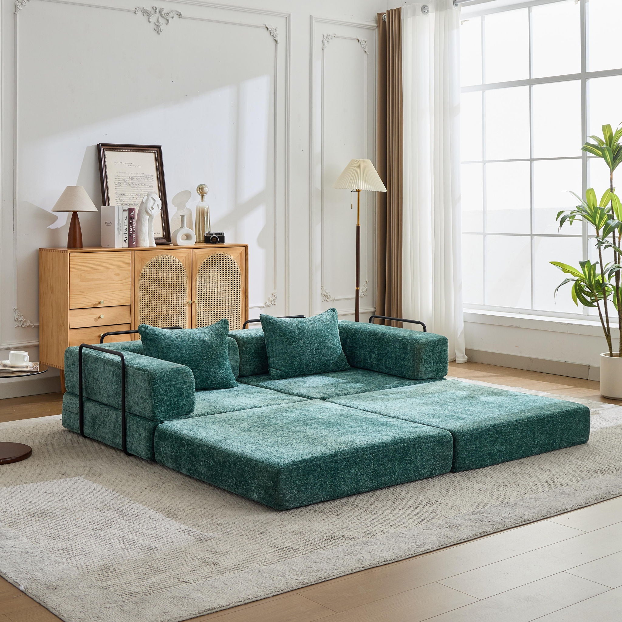Convertible Floor Sofa Bed With Fixed Shape Frame, Loveseats Boneless Modular Sectional, For Living Room - Dark Green