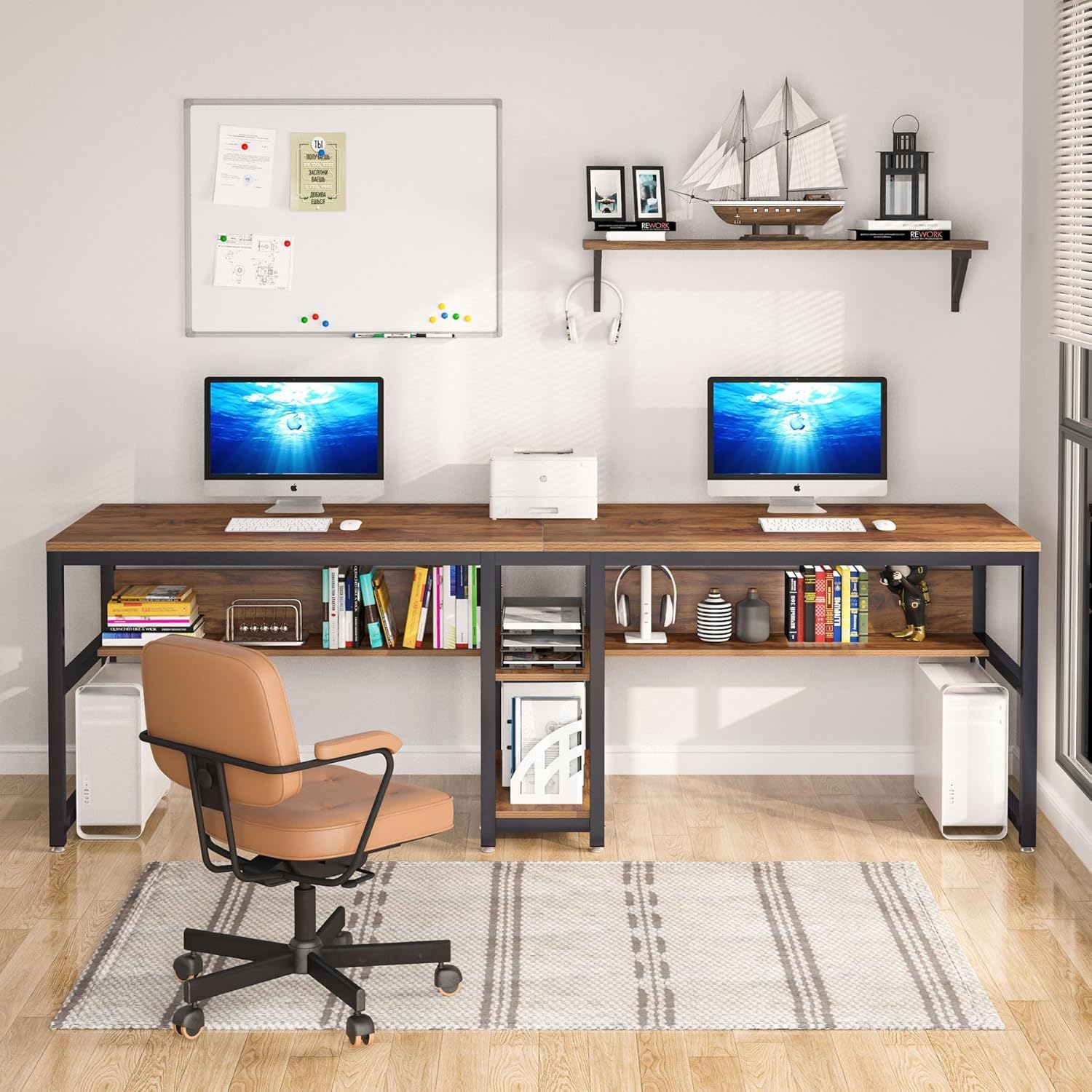 Double Desk For 2 With Bookshelves, 2 Person Workstation With Storage - Brown / Black