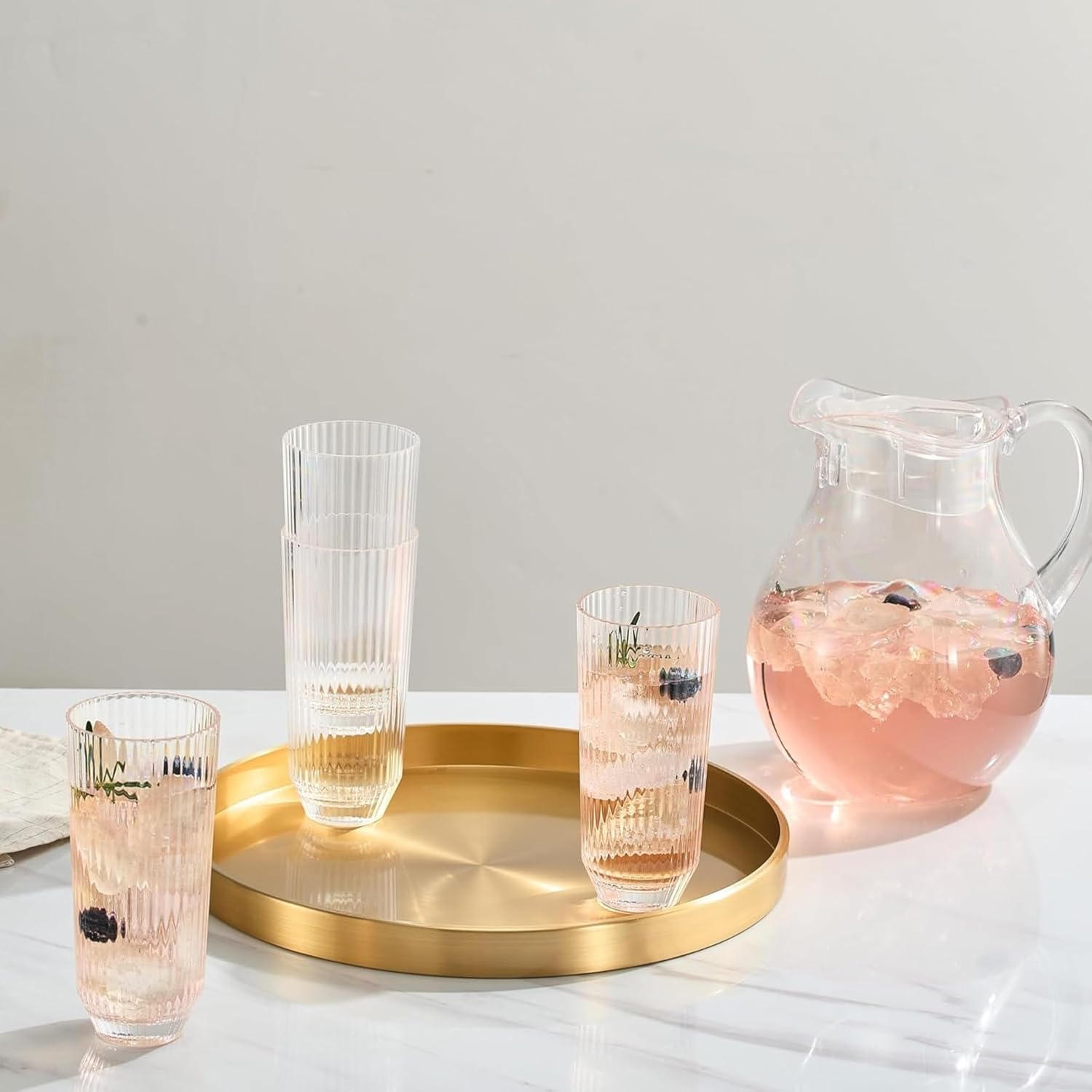 Khen Shatterproof Ribbed Drinking Glasses – Set of 4 Clear 12oz Tritan Tumblers, European Style Acrylic Drinkware – Durable, BPA-Free, Dishwasher Safe, Stackable & Unbreakable Plastic Cups