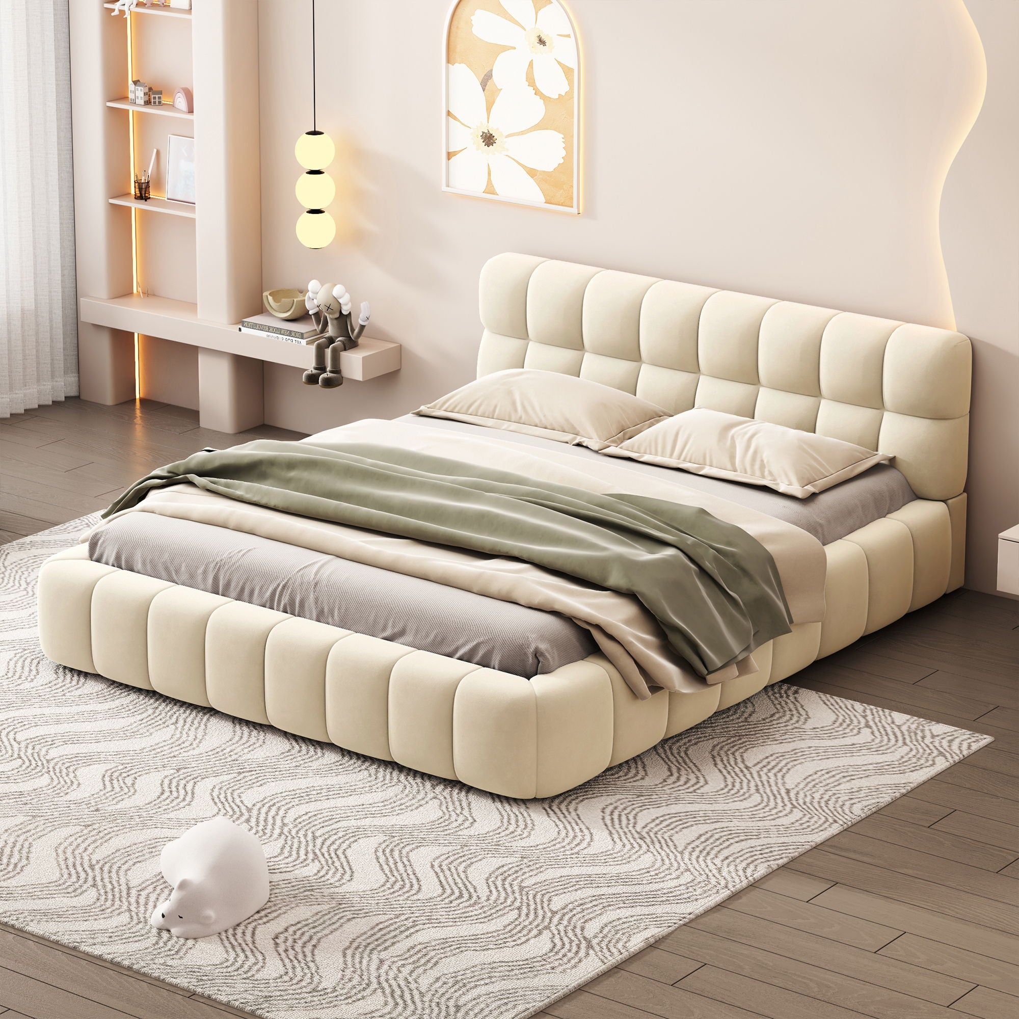 Upholstered Platform Bed With Thick, Grounded Bed With Solid Frame