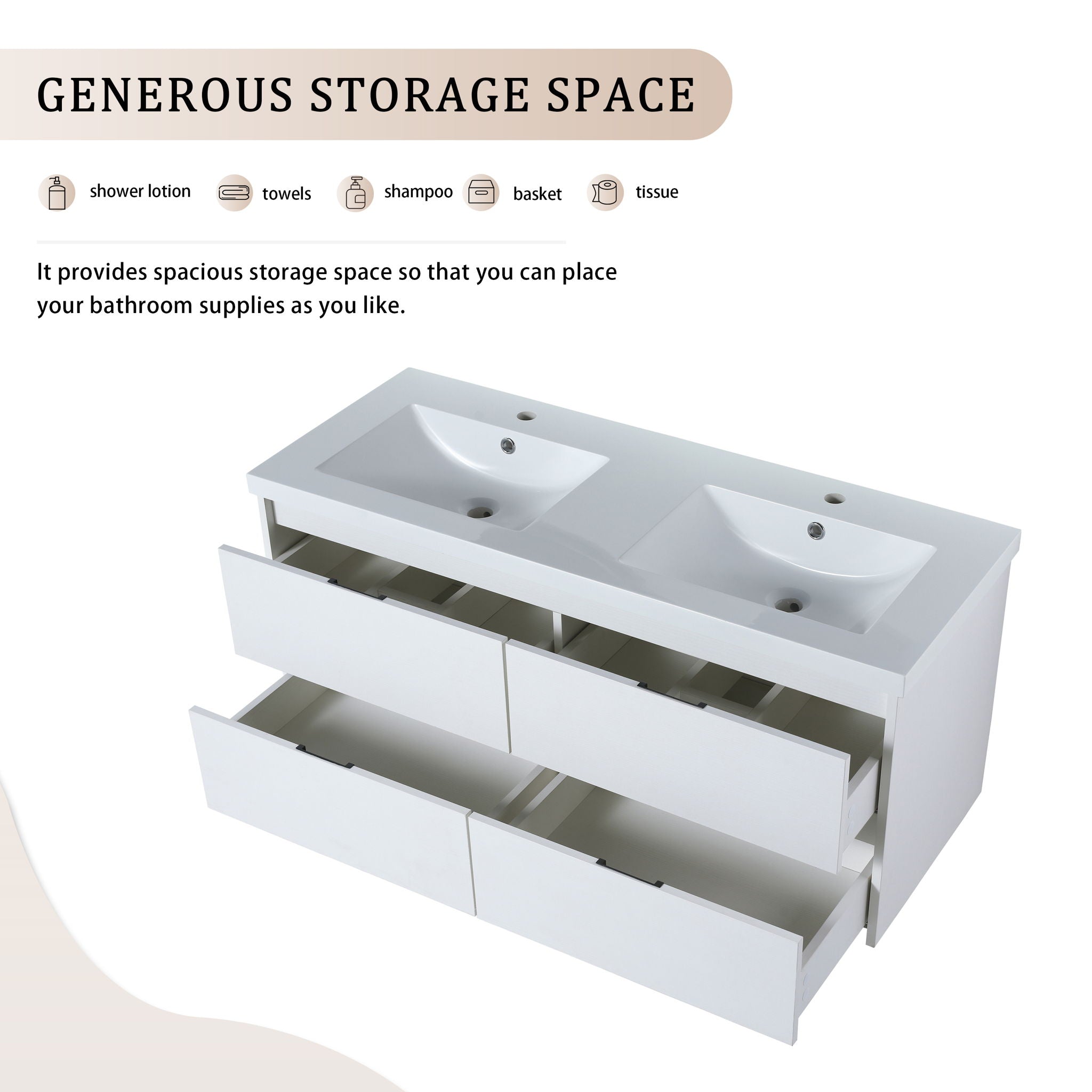 Modern Floating Bathroom Vanity With Dual Resin Sink, Soft Close Drawers