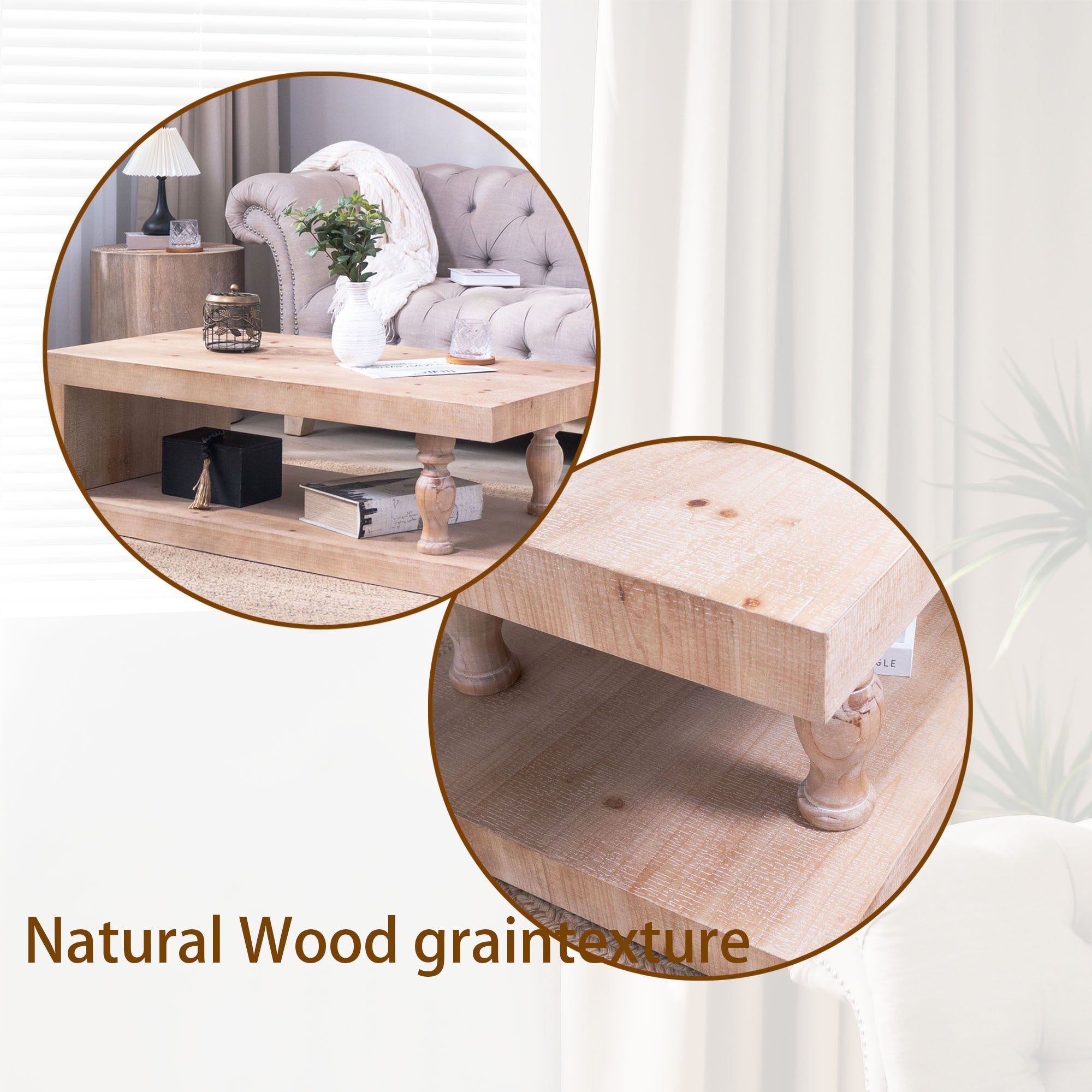 Rustic Solid Wood Coffee Table with Open Shelf – 47.2"