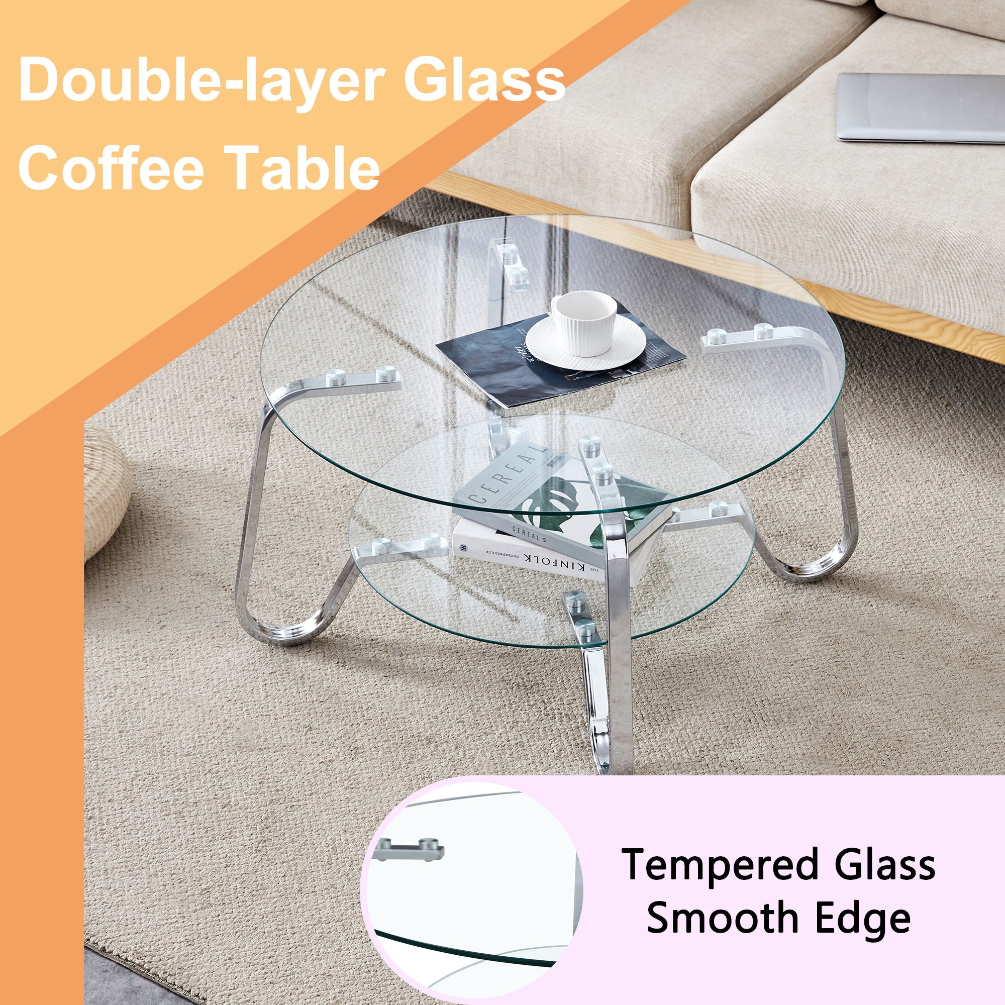 Retro Minimalist Style Metal Frame Double Layer Tempered Glass Coffee Table