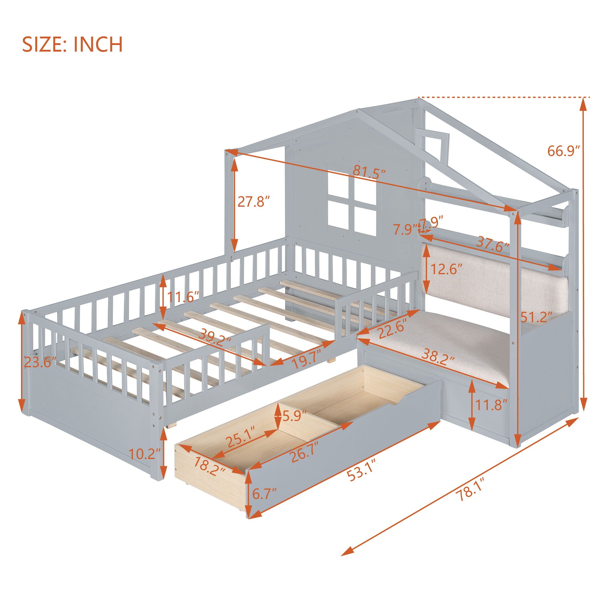 House Bed With Sofa, Kids Platform Bed With 2 Drawers And Storage Shelf