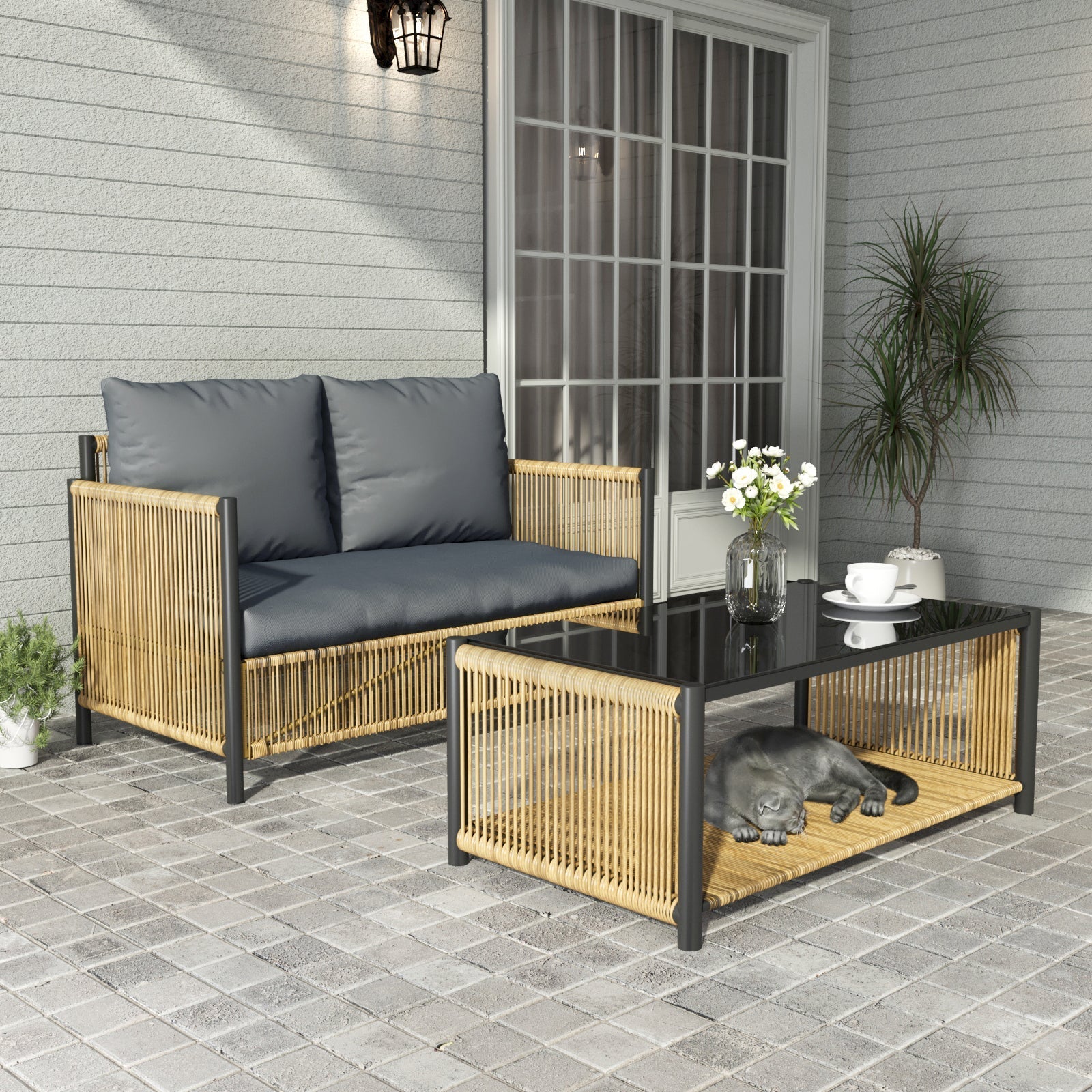 Patio 4-Piece Brown PE Wicker Sofa Set with Grey Cushions