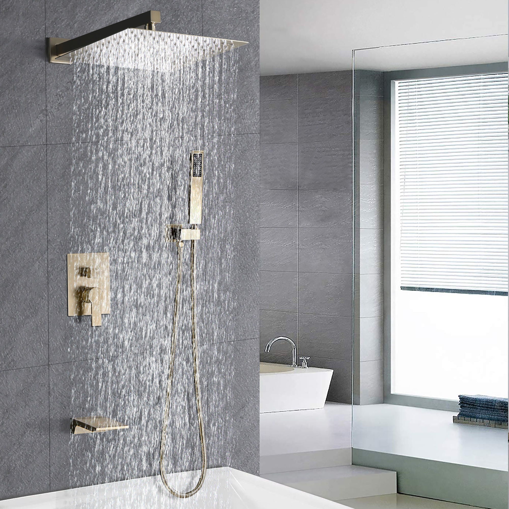 Luxury Bathroom Shower System With 12" Rain Shower Head Handheld Mixer - Brushed Gold