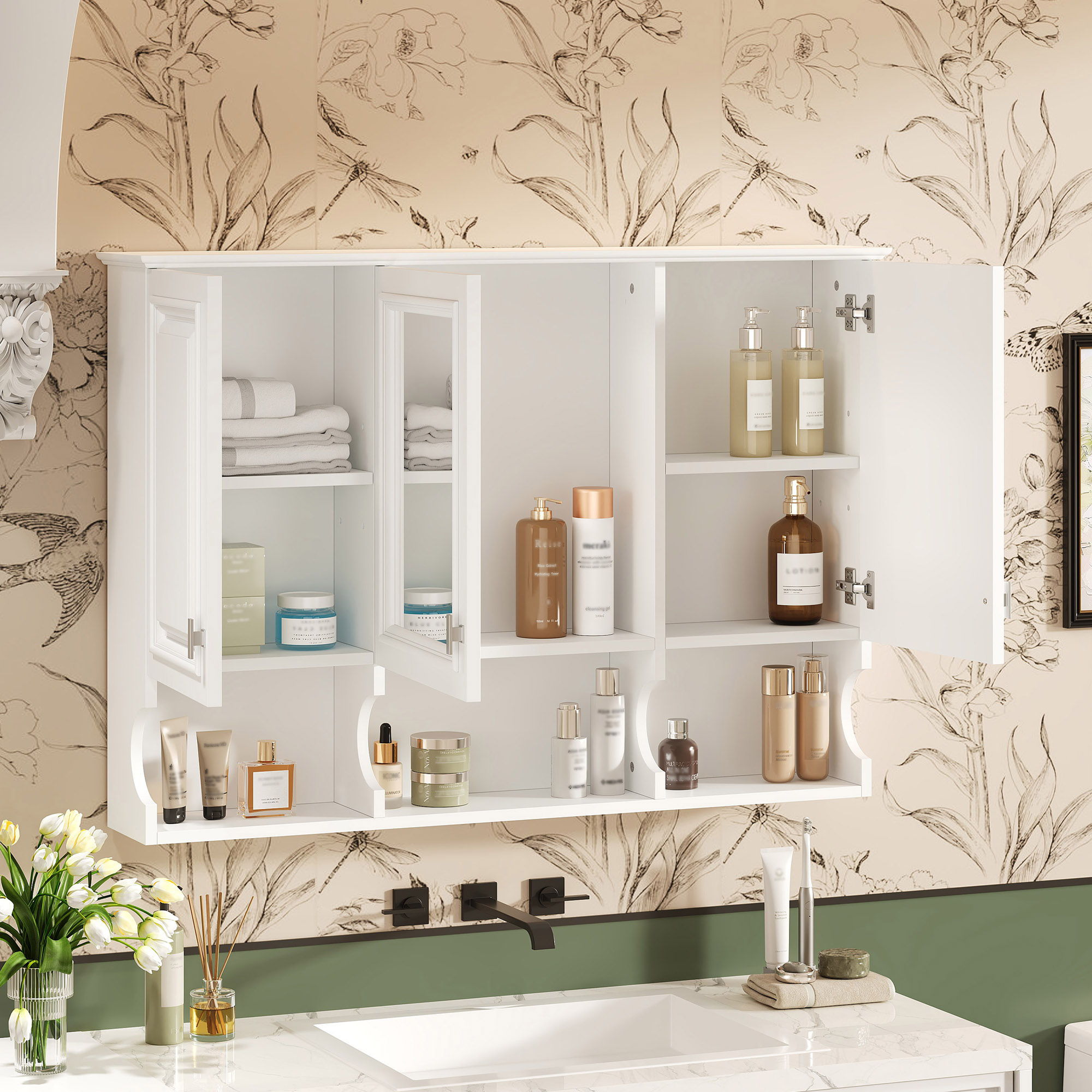 Modern Wall Mounted Mirror Medicine Cabinet With Open Shelves, Adjustable Interior, Storage Over Toilet
