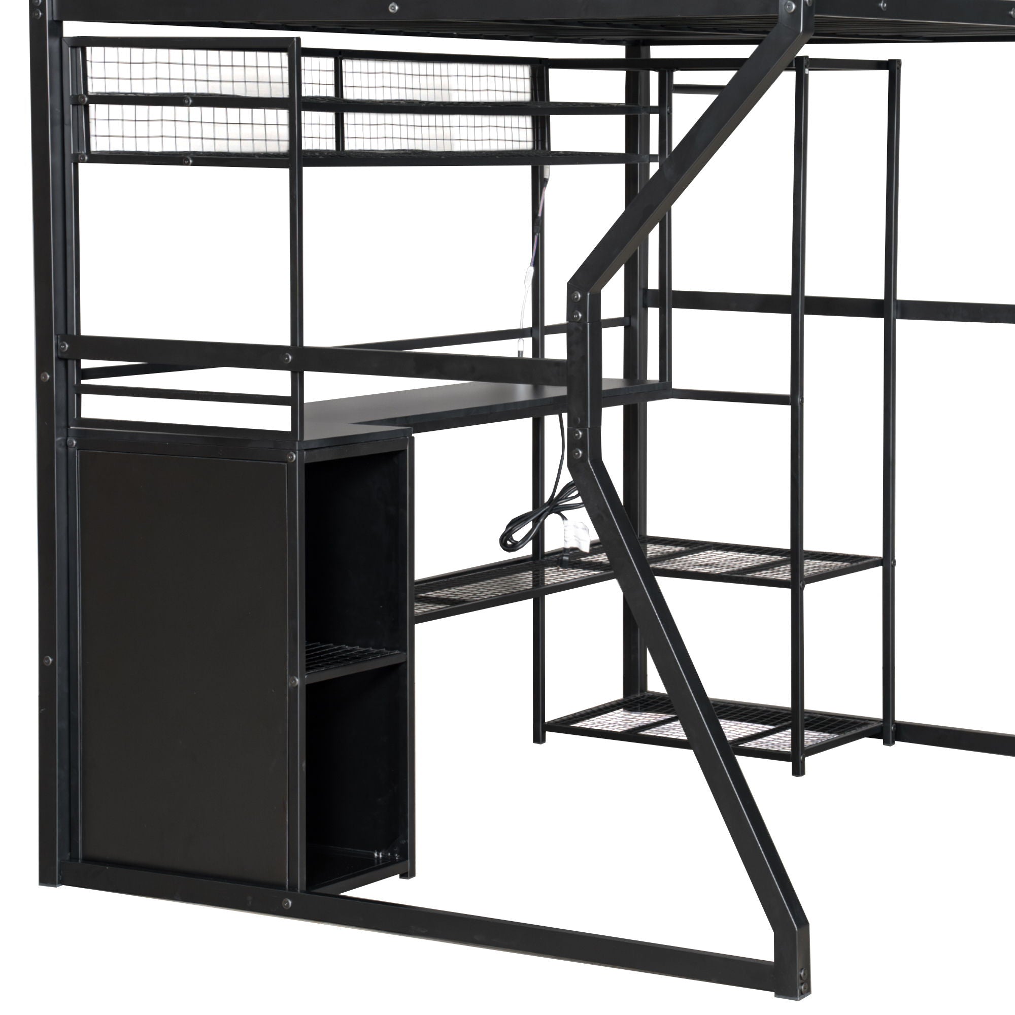 Full Size Gaming Loft Bed With Built In Work Station, Open Wardrobe, LED And Multiple Storage - Black
