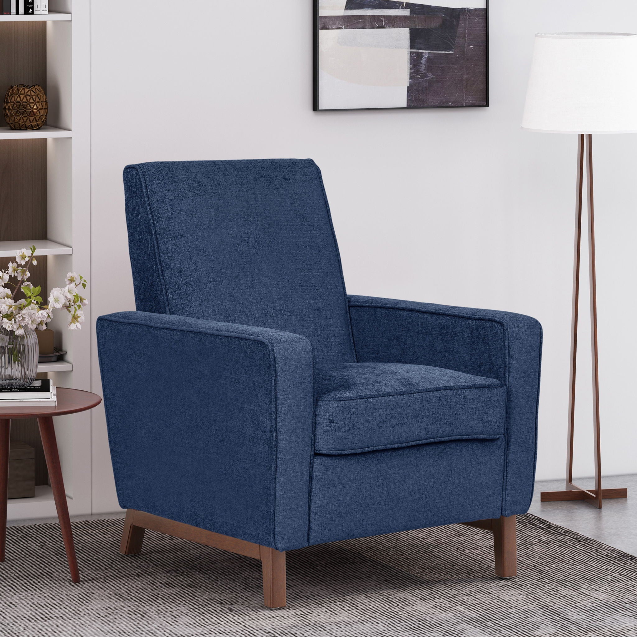 Mid Century Modern Club Chair With Upholstery And Rubberwood Legs - Navy Blue