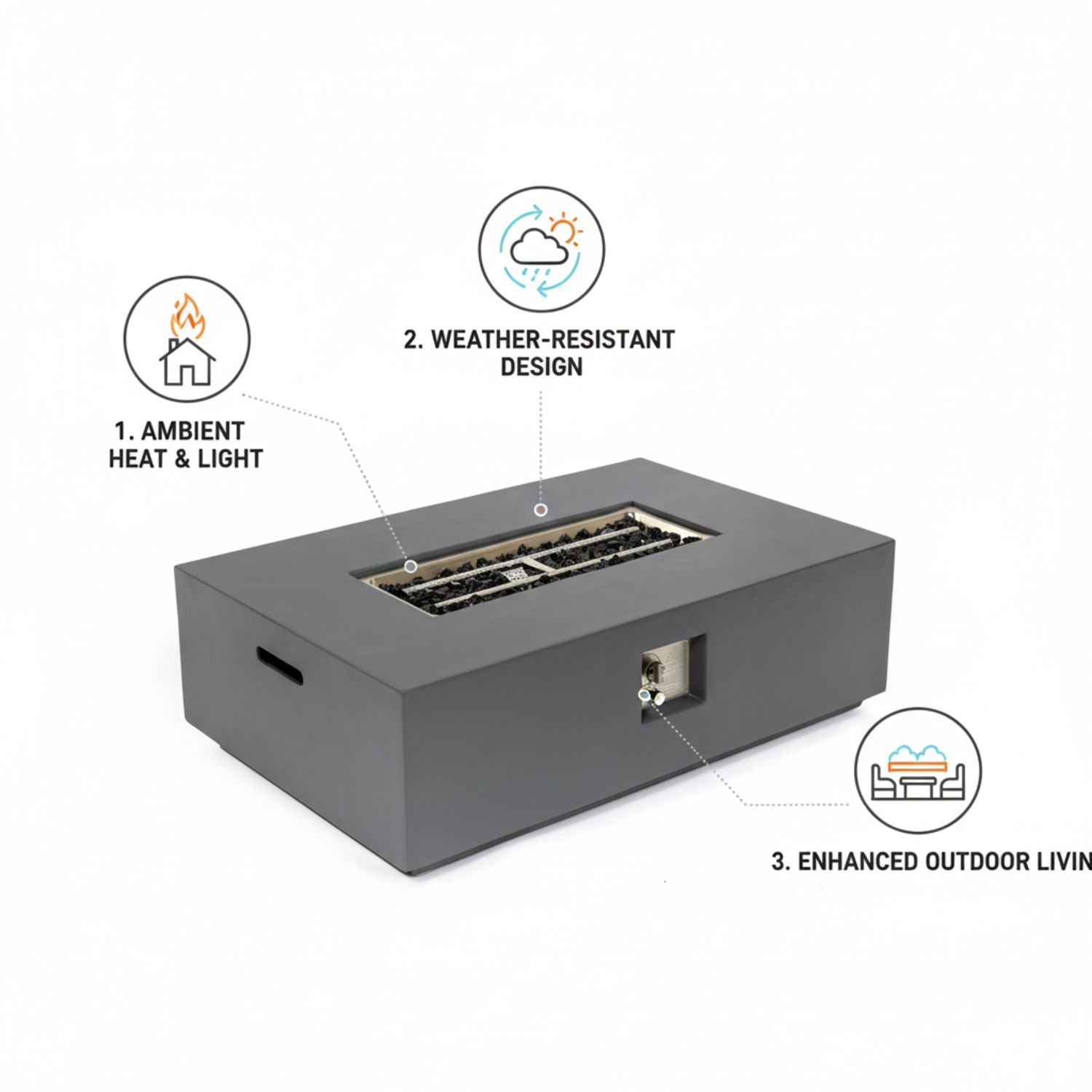 Volon - Rectangular Fire Pit Table, Propane Powered, 50,000 BTU - Light Gray