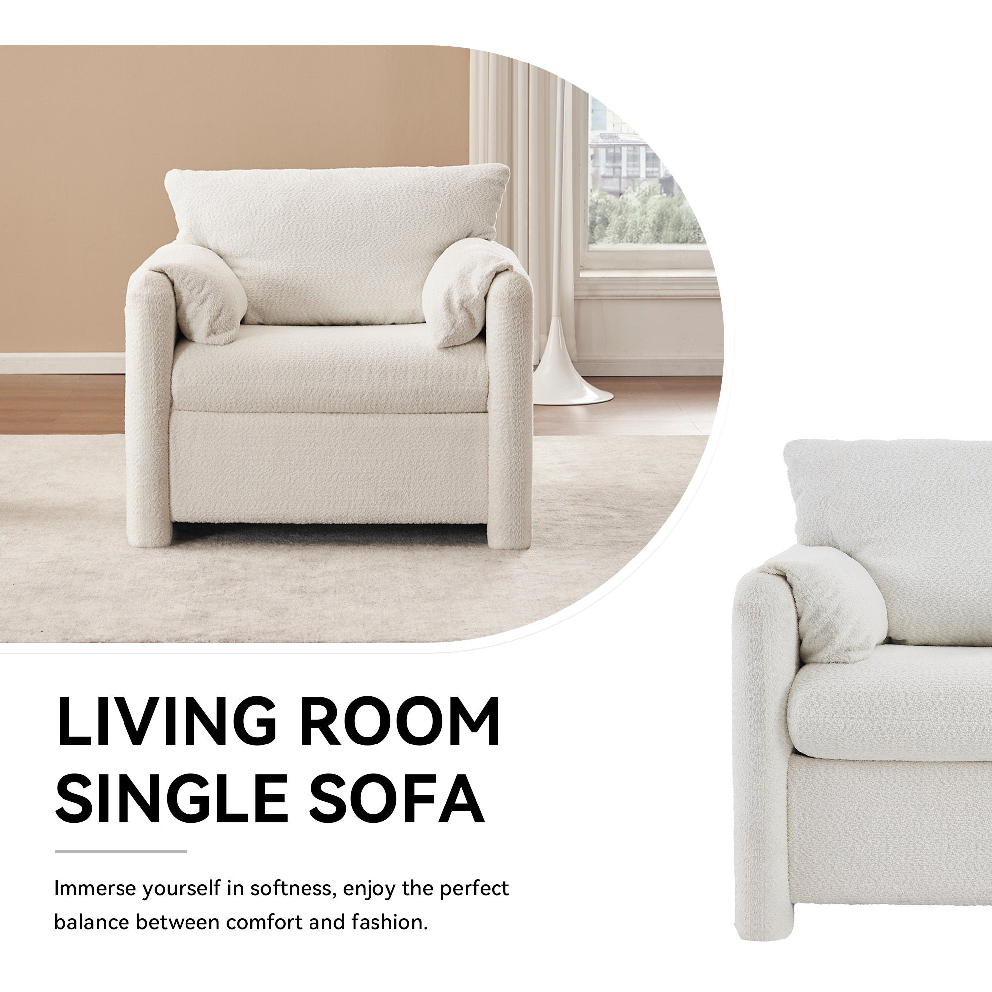 002 Fixed-Modern Accent Chair Single Seater Ivory White