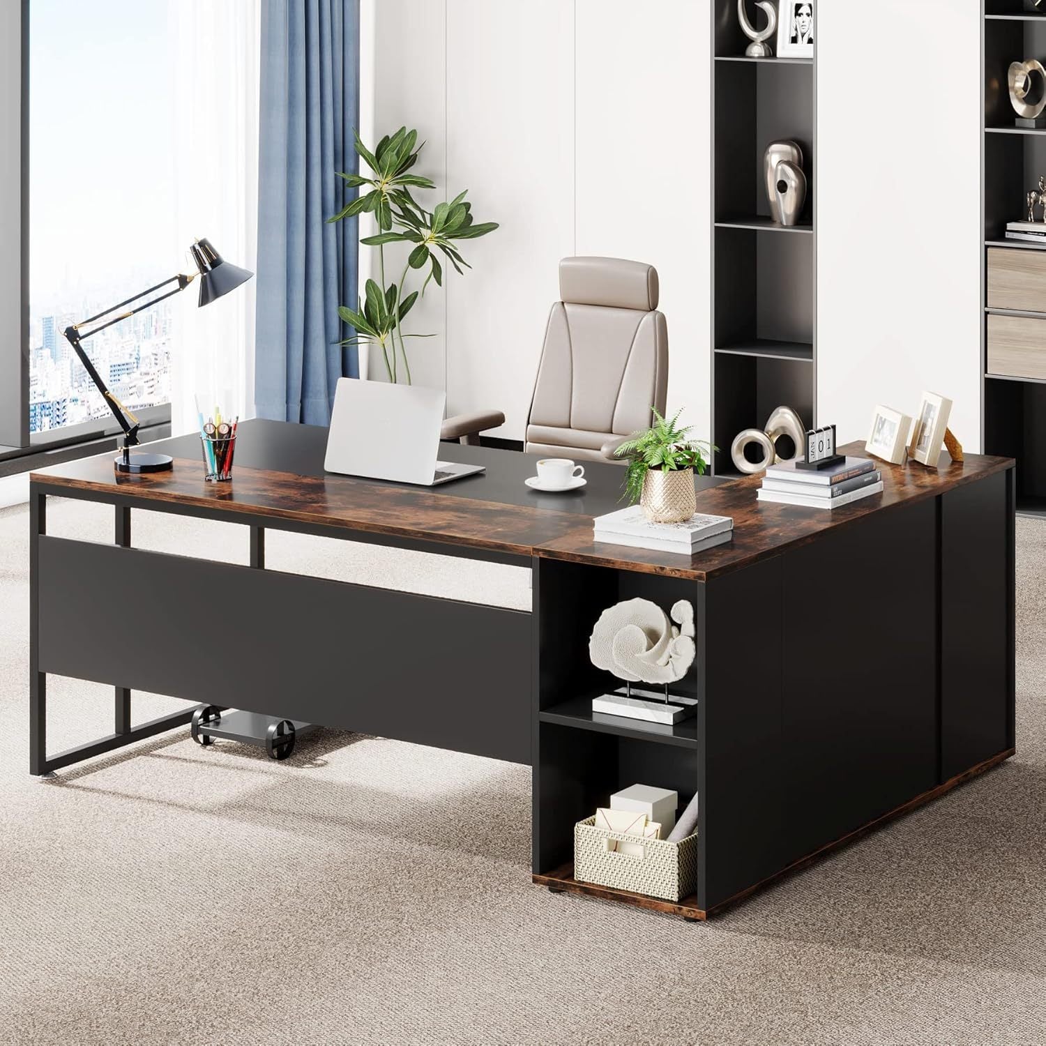 71' L-Shaped Executive Desk with Storage Cabinet & Shelves, Large Industrial Home Office Computer Desk, Business Workstation with Printer Cabinet & CPU Stand, Rustic Brown and Black