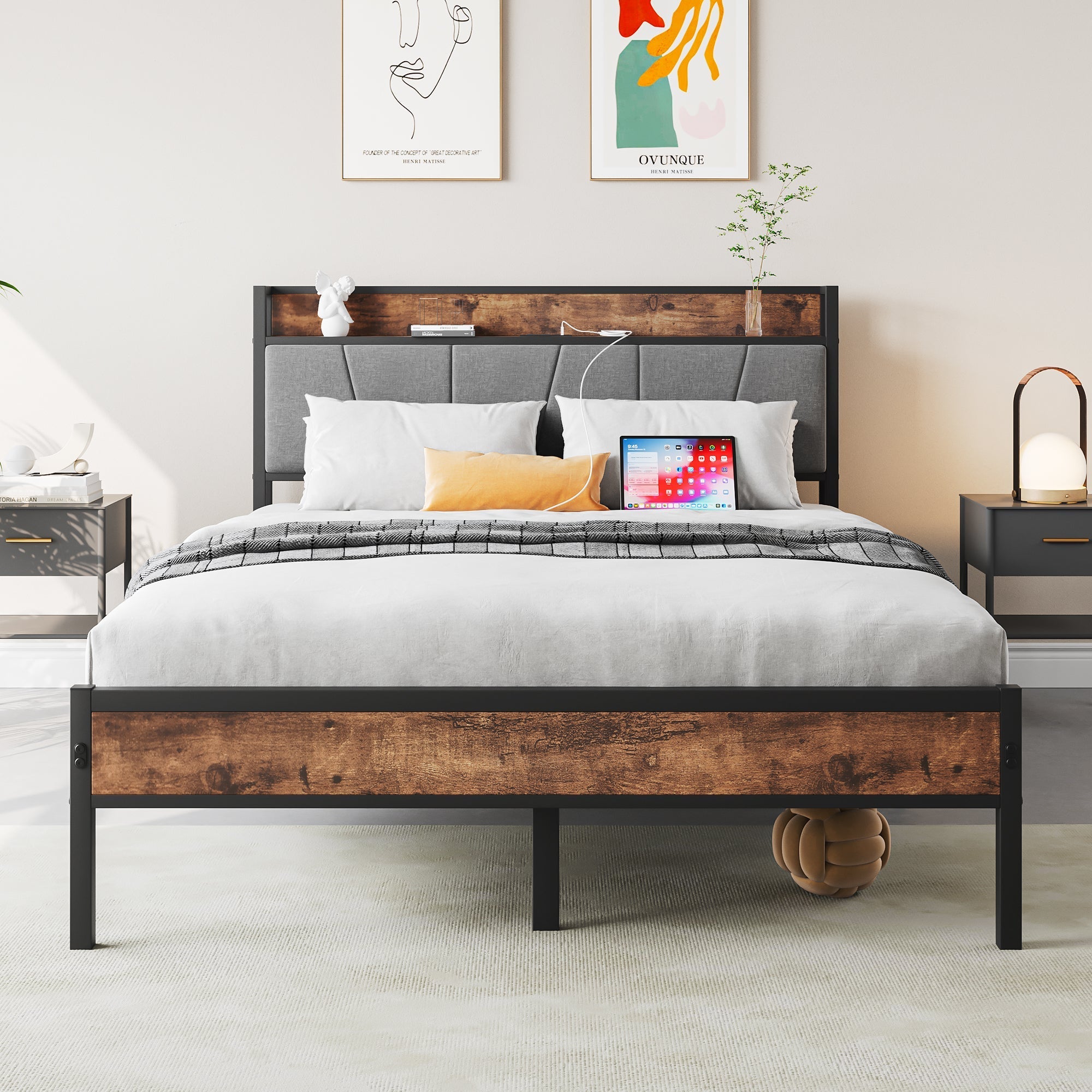Full Size Bed Frame Storage Headboard with Charging Station