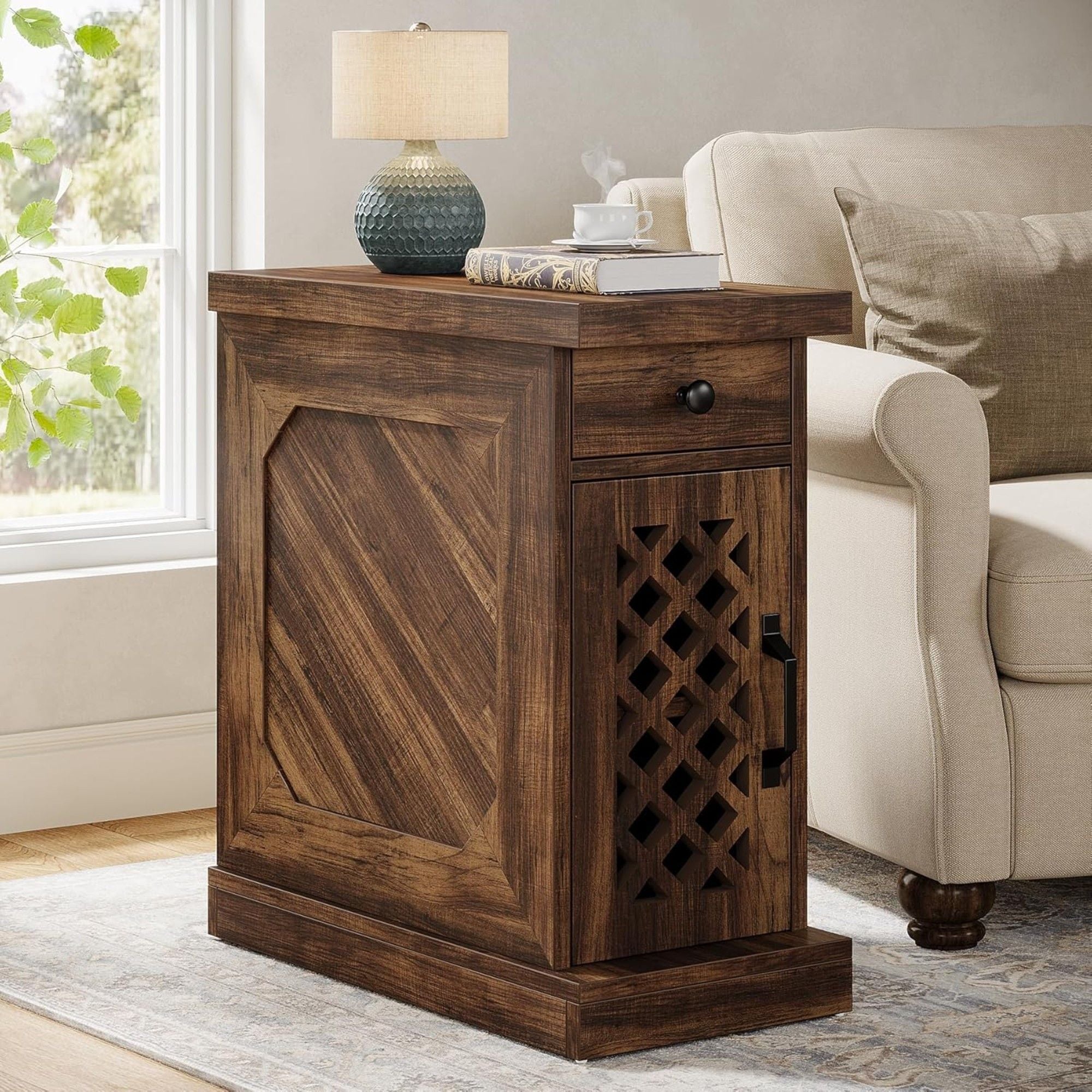 Narrow End Table With Drawer & Cabinet, Nightstand For Small Spaces - Brown