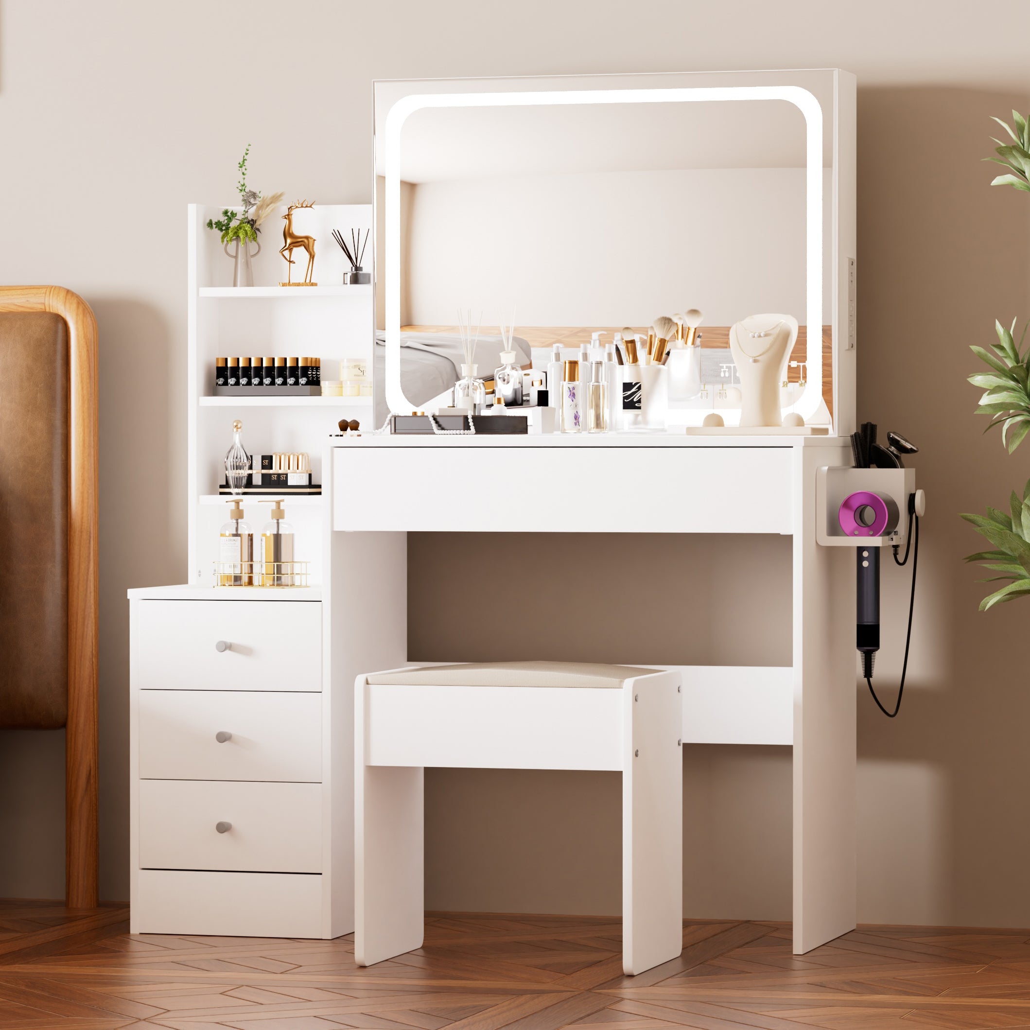 Maven Modern White Makeup Vanity With Stool