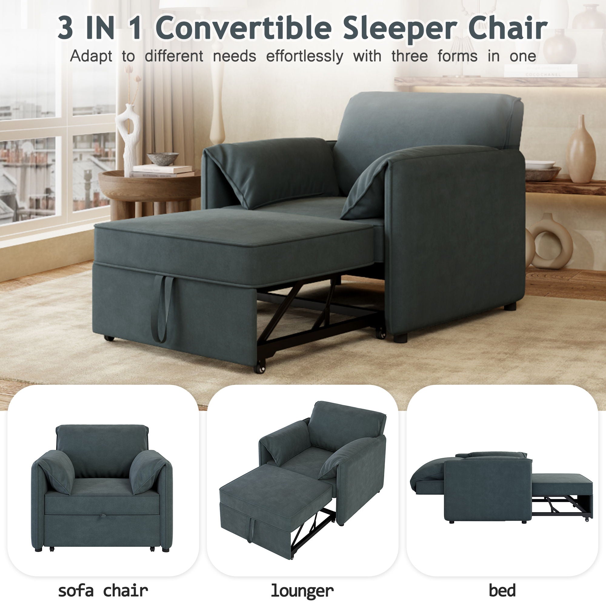 Convertible Pull Out Sofa Bed, 3 In 1 Convertible Sleeper Chair Adjustable Backrest With Thicked Cushions