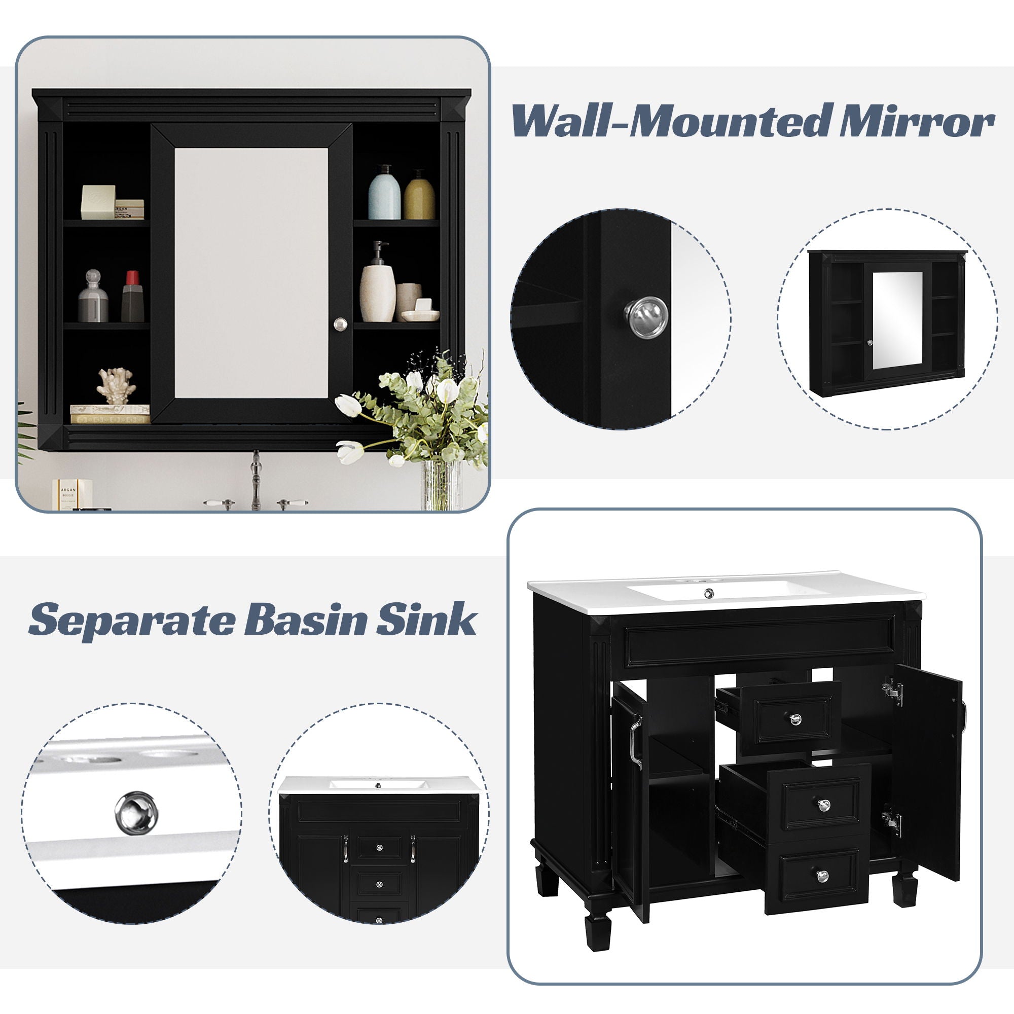 Bathroom Vanity With Top Sink, Mirror Cabinet, 2 Soft Closing Doors & 2 Drawers