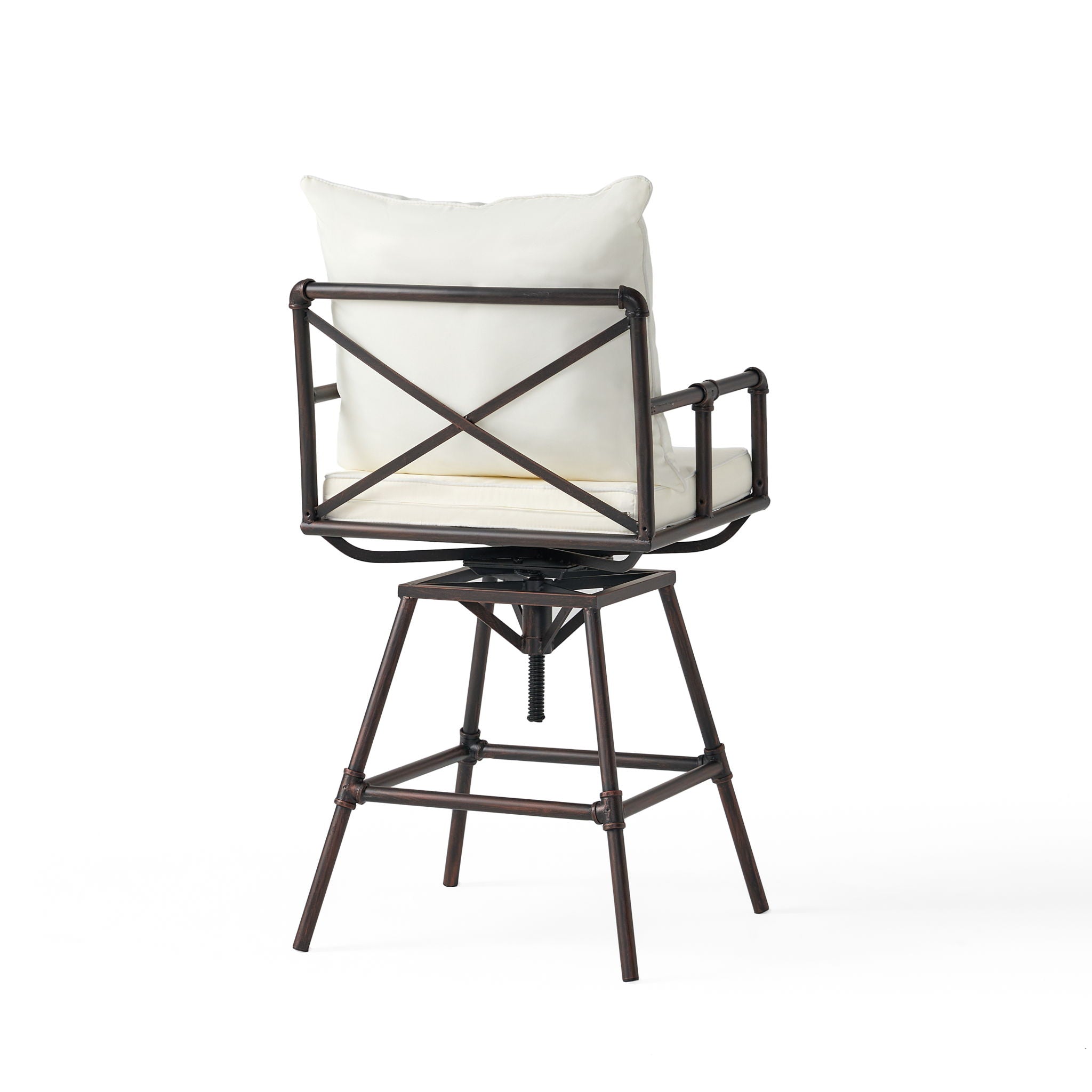 Industrial Outdoor Patio Plumber's Iron Frame Swivel Barstool With Cushions, Height Adjustable