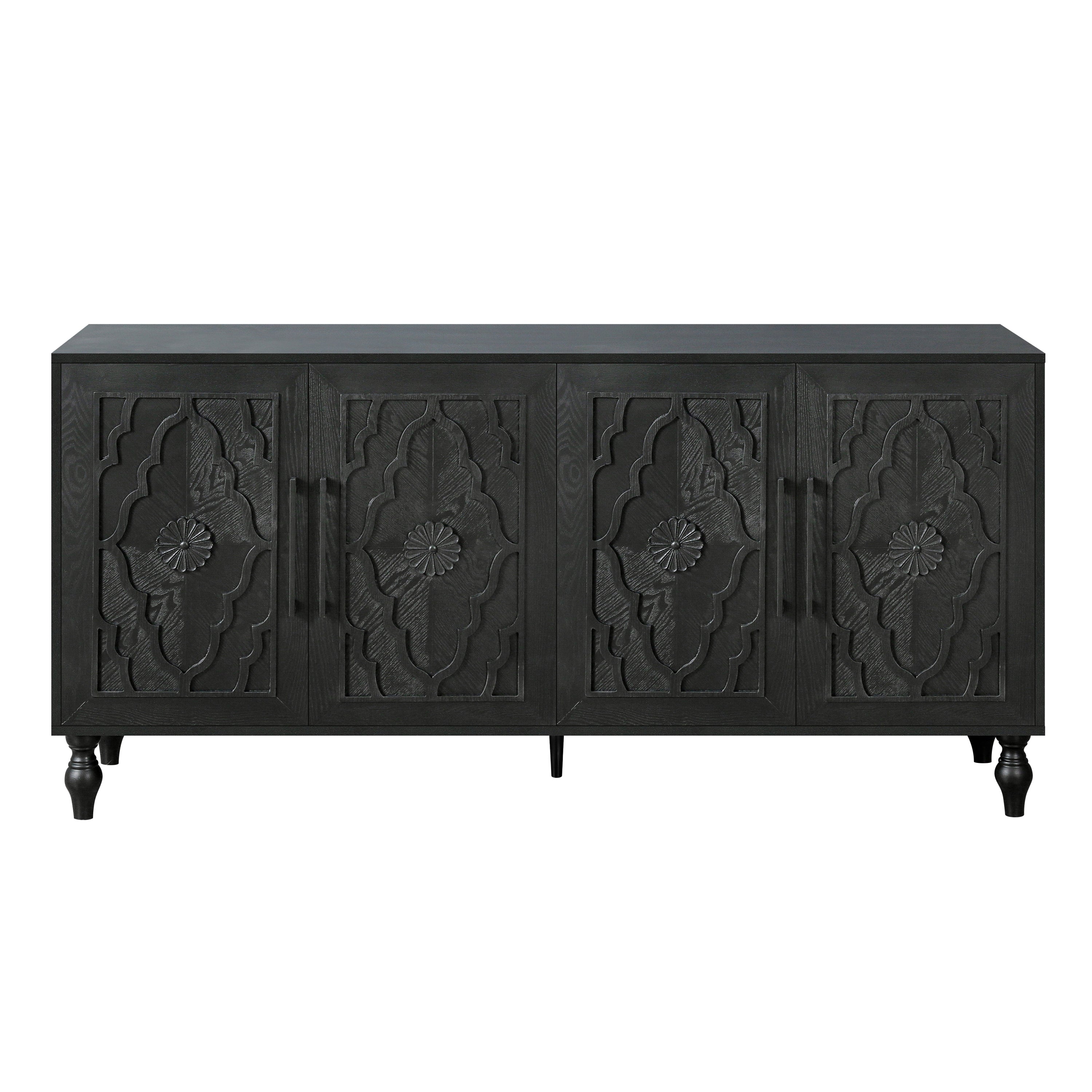 Carved flower door large storage cabinet with metal handle (black)