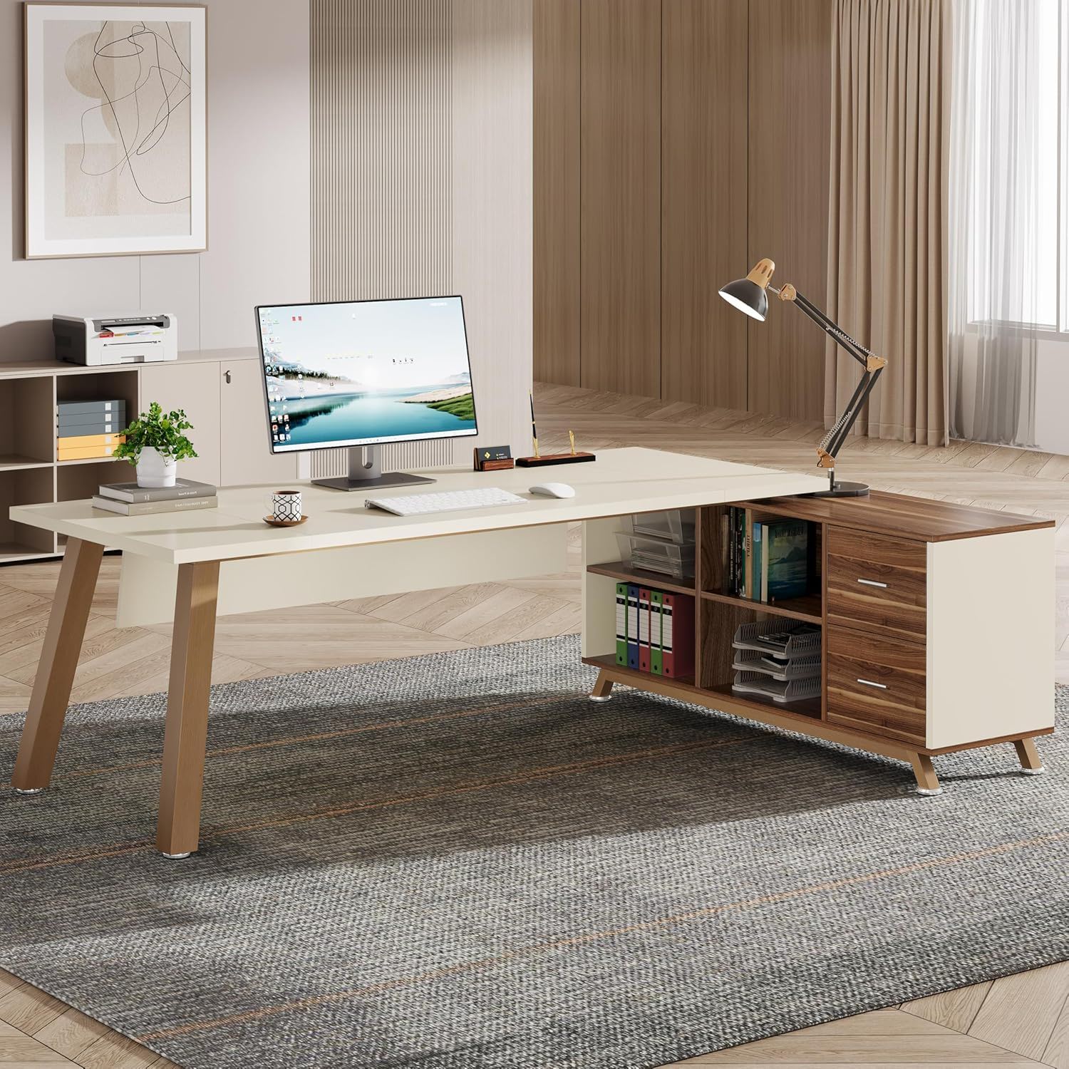 L-Shaped Executive Desk With File Cabinet, Computer Workstation With Drawers And Shelves For Home Office - White / Walnut