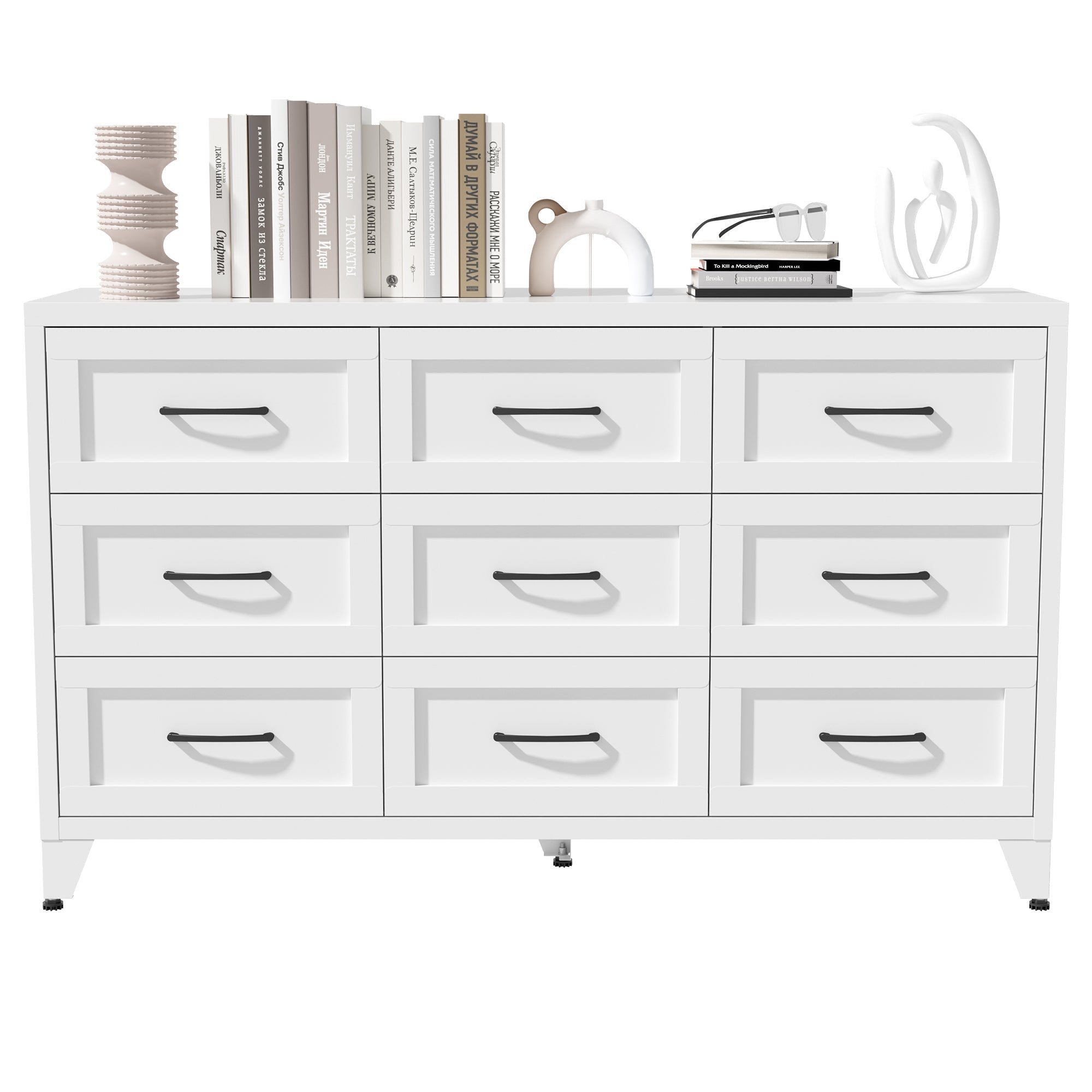 9 Drawer Dresser for Bedroom, Metal Profile Chest of Drawers, White Bedroom Dresser with Storage Drawers for Closet, Hallway, Entryway, Steel Furniture with Quiet-Glide Rails, Easy-Clean & Scratch