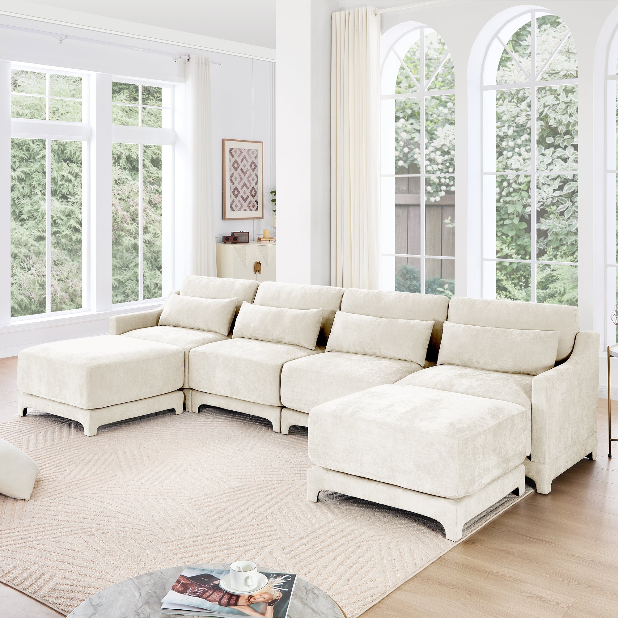 Elegant Four-Seater Sofa with Movable Ottoman and Lumbar Pillow