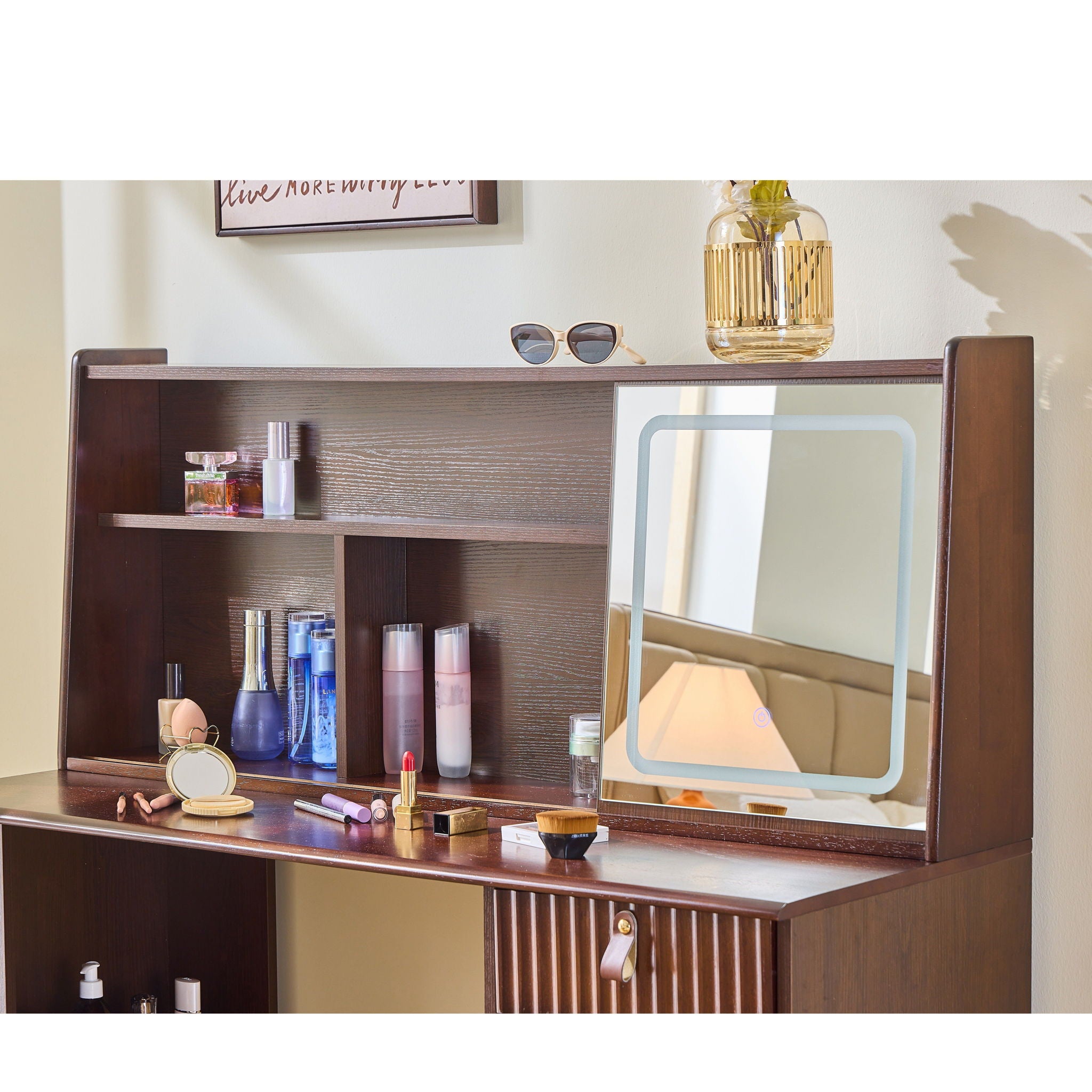 Modern Elegance Makeup Vanity Desk With Adjustable Lighted Mirror Storage Shelves Drawer And Cabinet - Walnut - Best Buy Furniture