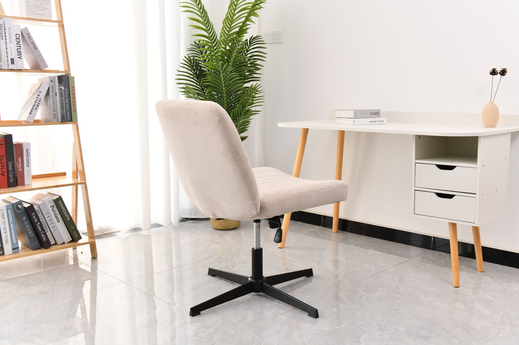 Cross Legged Office Chair, Wide Comfty Desk Chair, Vanity Home Chair No Wheels Armless Computer Task Chair, Swivel And Height Adjustable - Beige